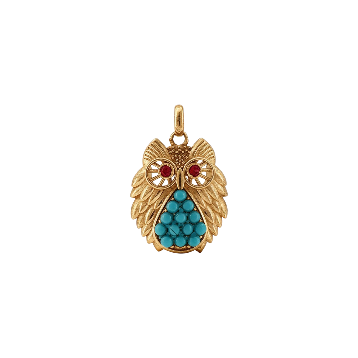 18k yellow gold vintage French owl charm with turquoise cabochon belly, ruby eyes and diamonds, front