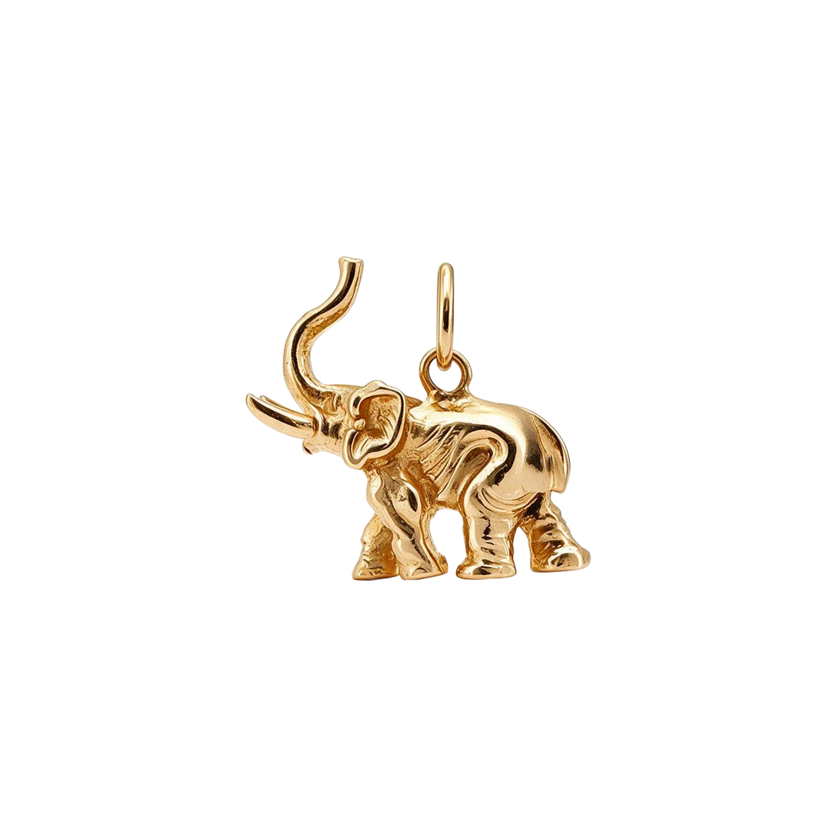 14k yellow gold vintage elephant charm with raised trunk, left side view