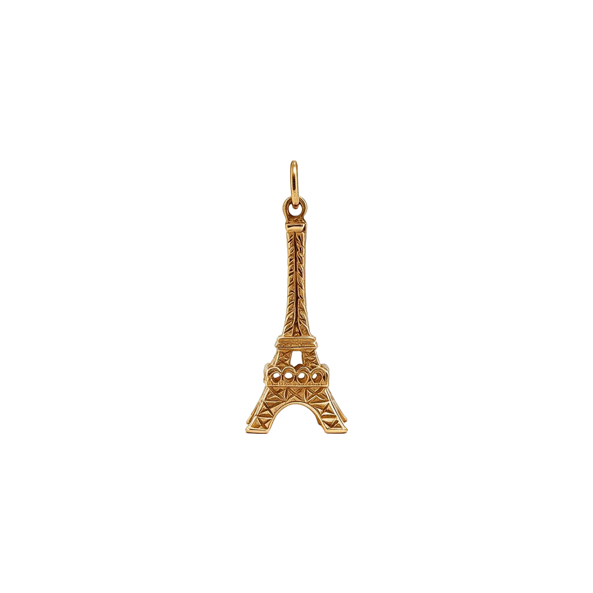 14k yellow gold vintage Eiffel Tower charm with engraved lattice detail, front view
