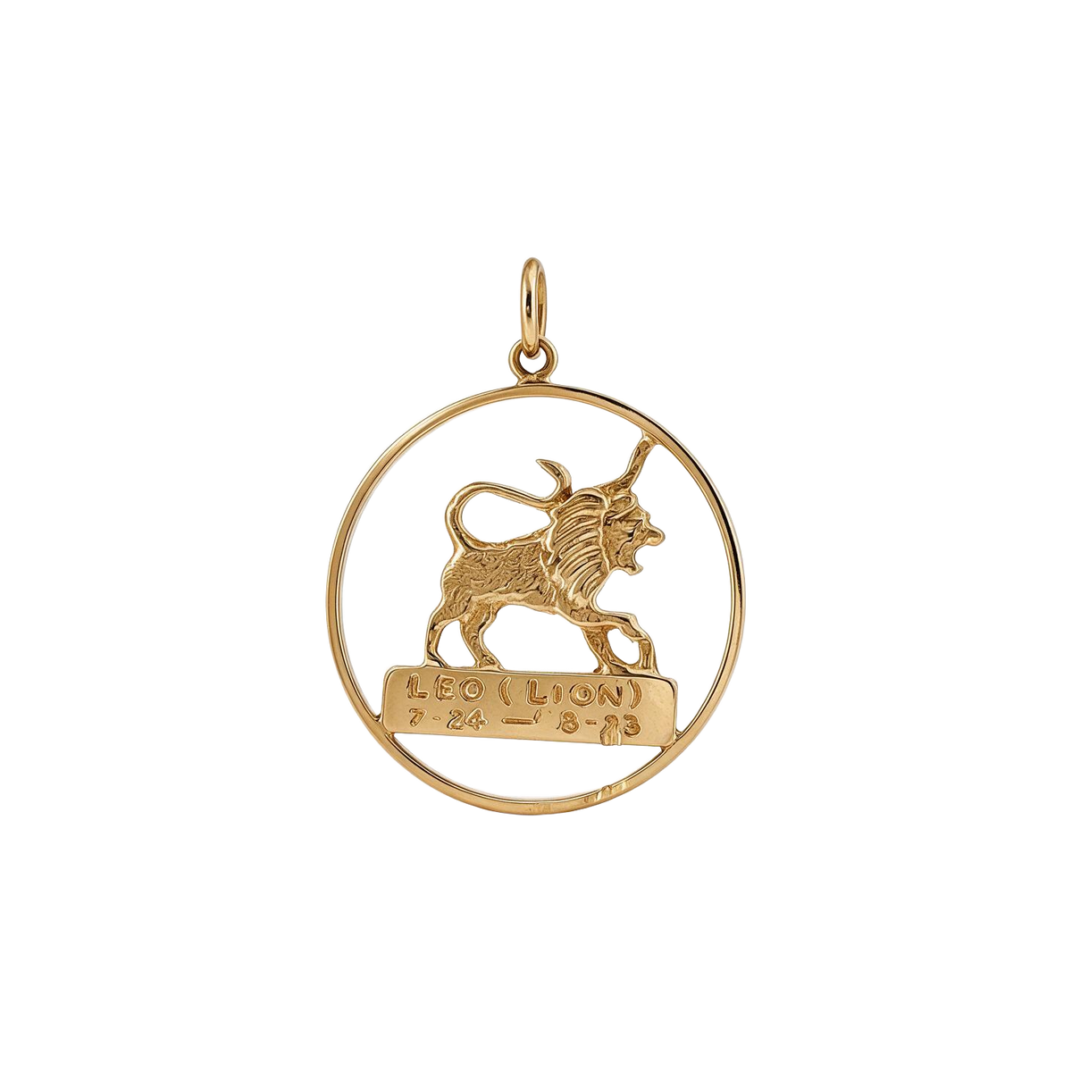 Front of 14k yellow gold openwork Leo charm, lion standing on a name plaque inside a circle frame