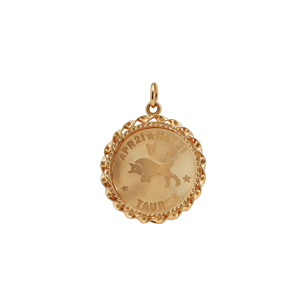 Front of 14k yellow gold Taurus zodiac disc charm with bull, dates and twisted rope border