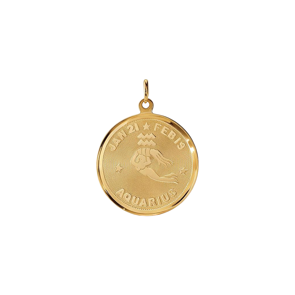 Front of 14k yellow gold Aquarius zodiac disc charm with water bearer, dates and textured ground
