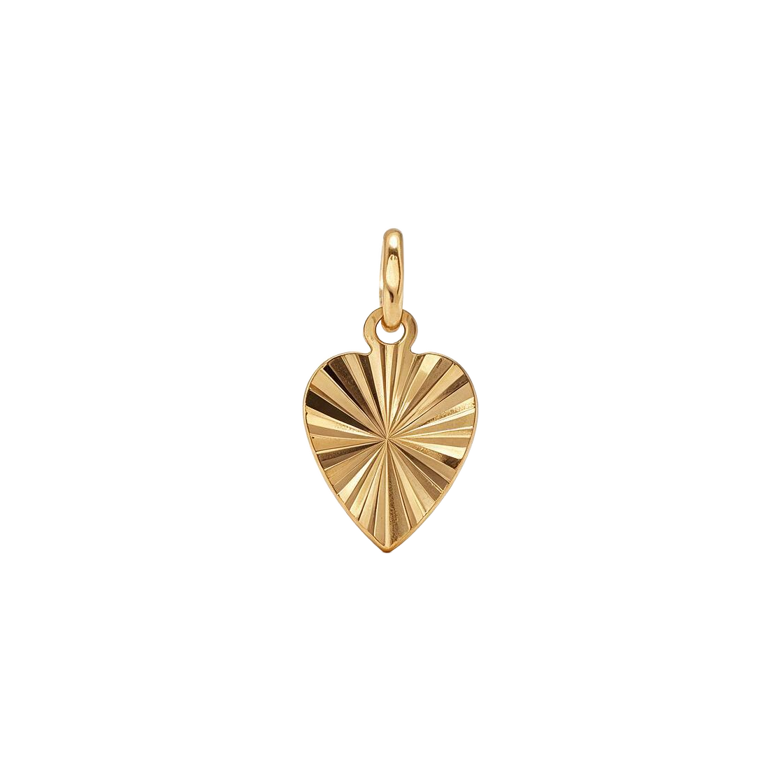 14k yellow gold vintage 1970s engine turned heart charm with radiating pattern, front view