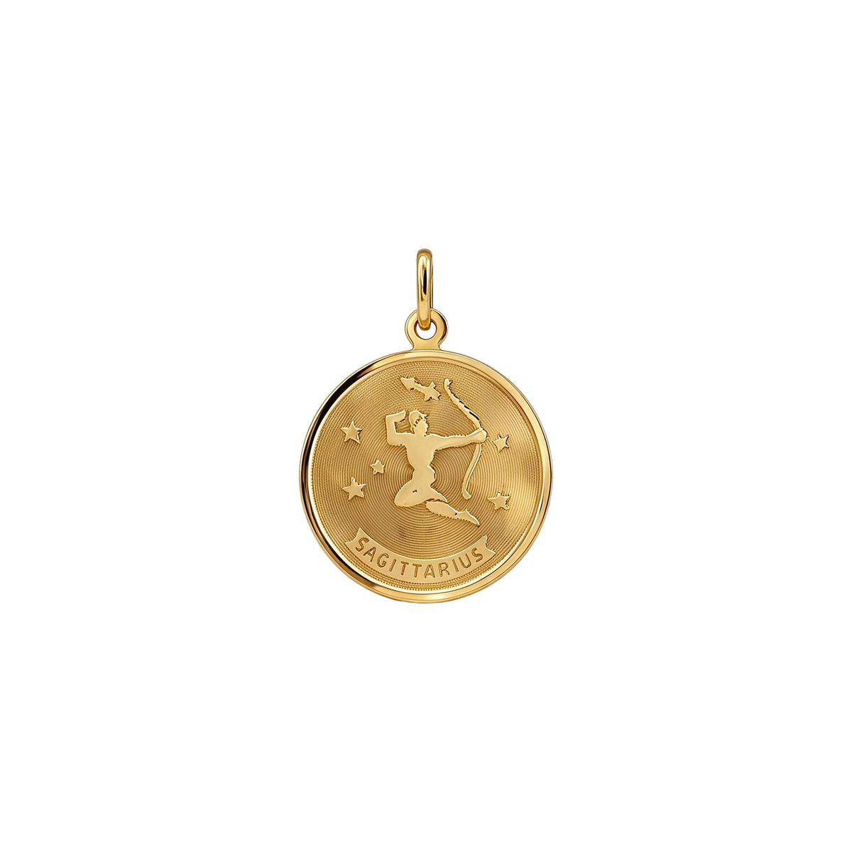 Front of 14k yellow gold Sagittarius zodiac disc charm with archer, stars and satin center