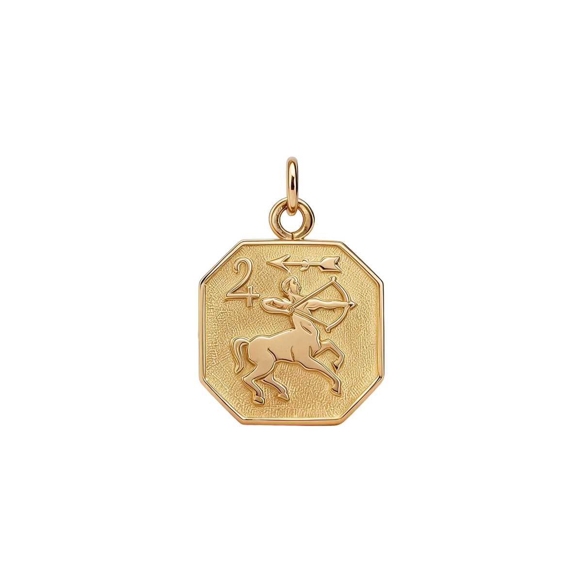 Front of 14k yellow gold octagonal Sagittarius charm with centaur archer on a textured ground