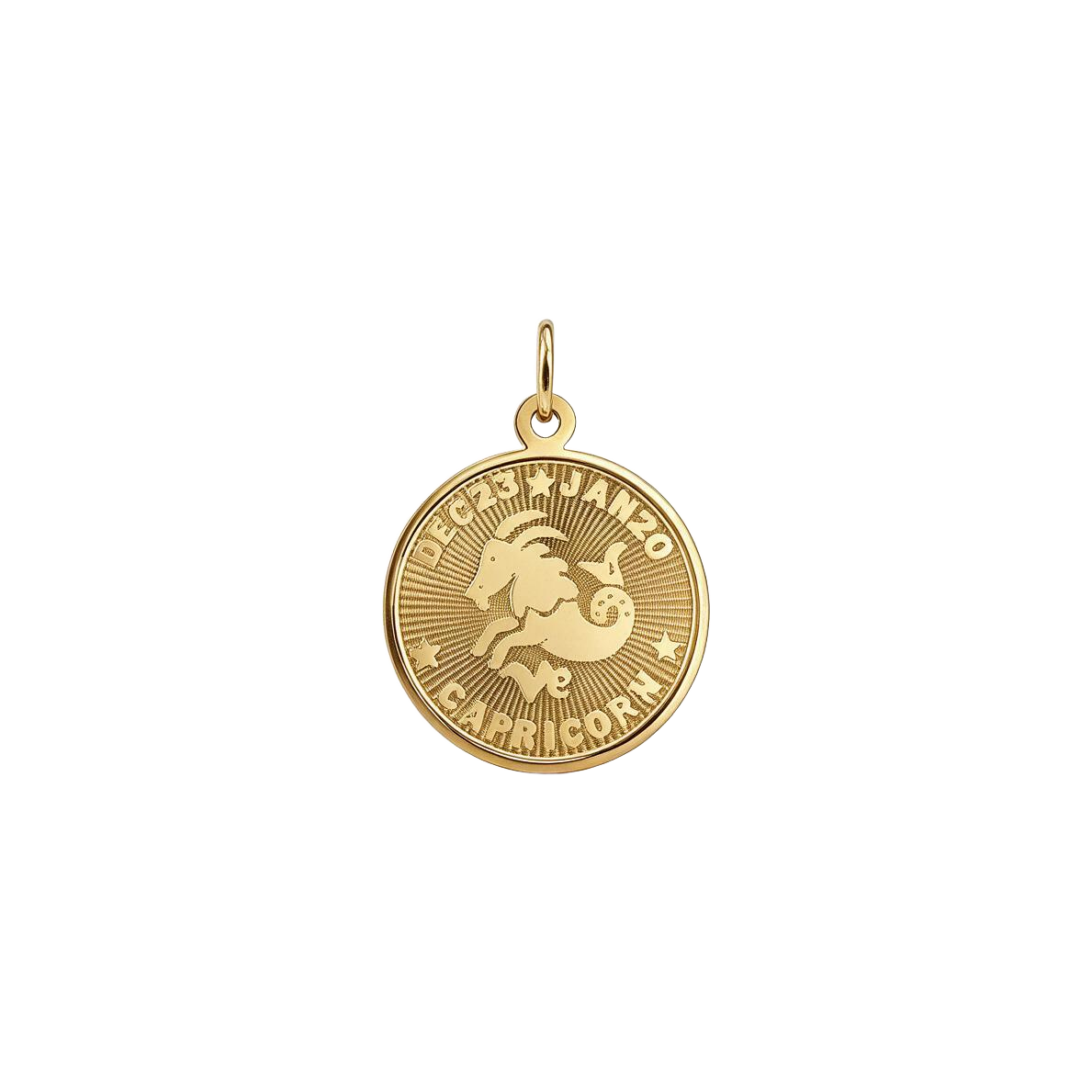 Front of 14k yellow gold Capricorn zodiac medallion charm with sea-goat, dates and textured rays