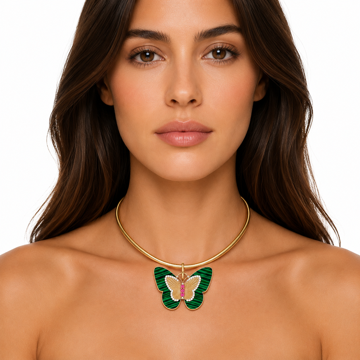 14k Yellow Gold Diamond Pink Sapphire Malachite Butterfly Charm