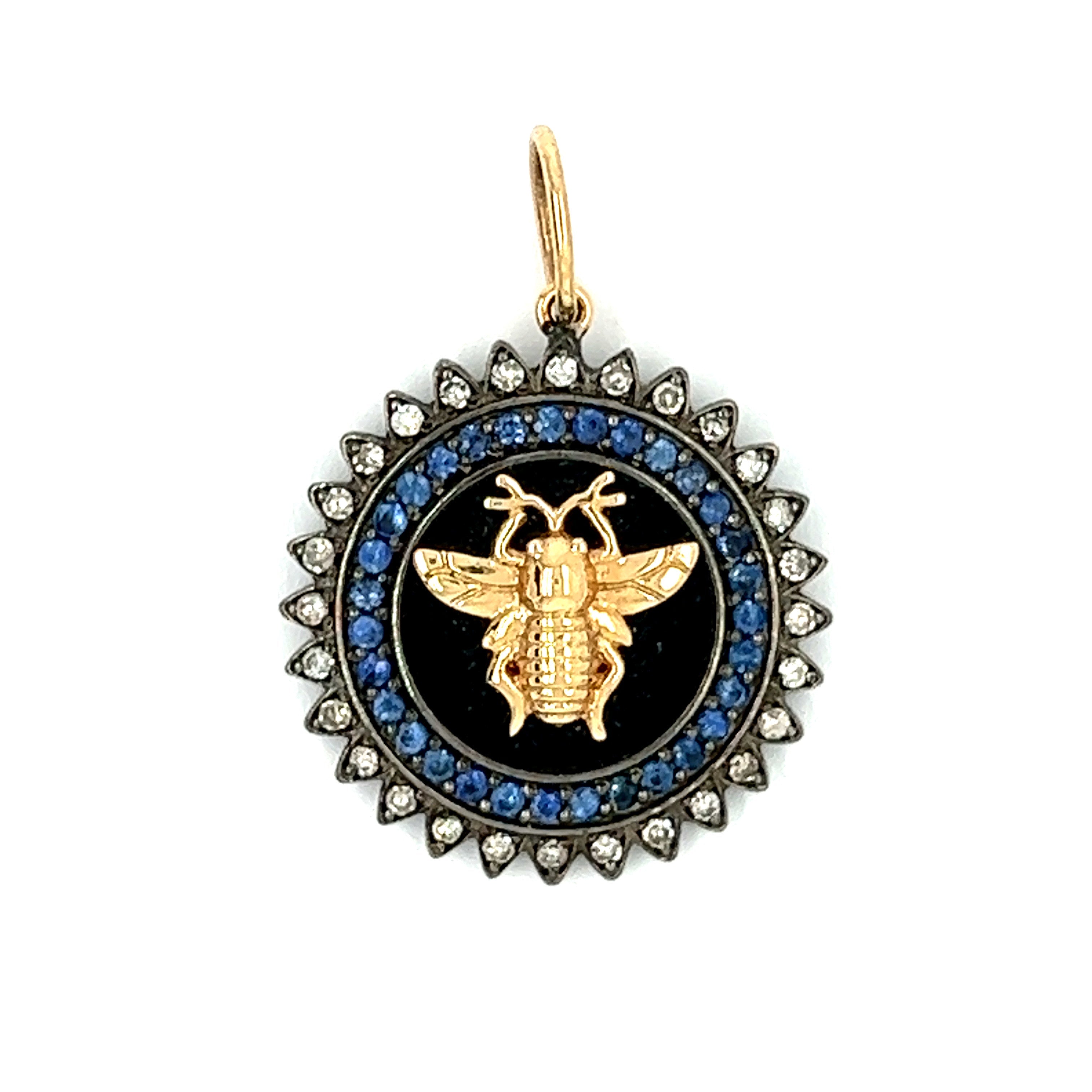 14k Yellow Gold Silver Diamond Blue Sapphire Bee Charm