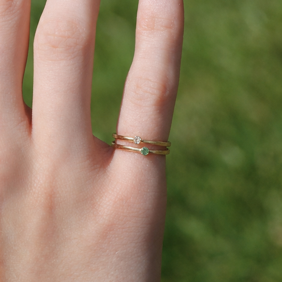 14k Yellow Gold Vintage Double Stacking Diamond and Emerald Square Rings