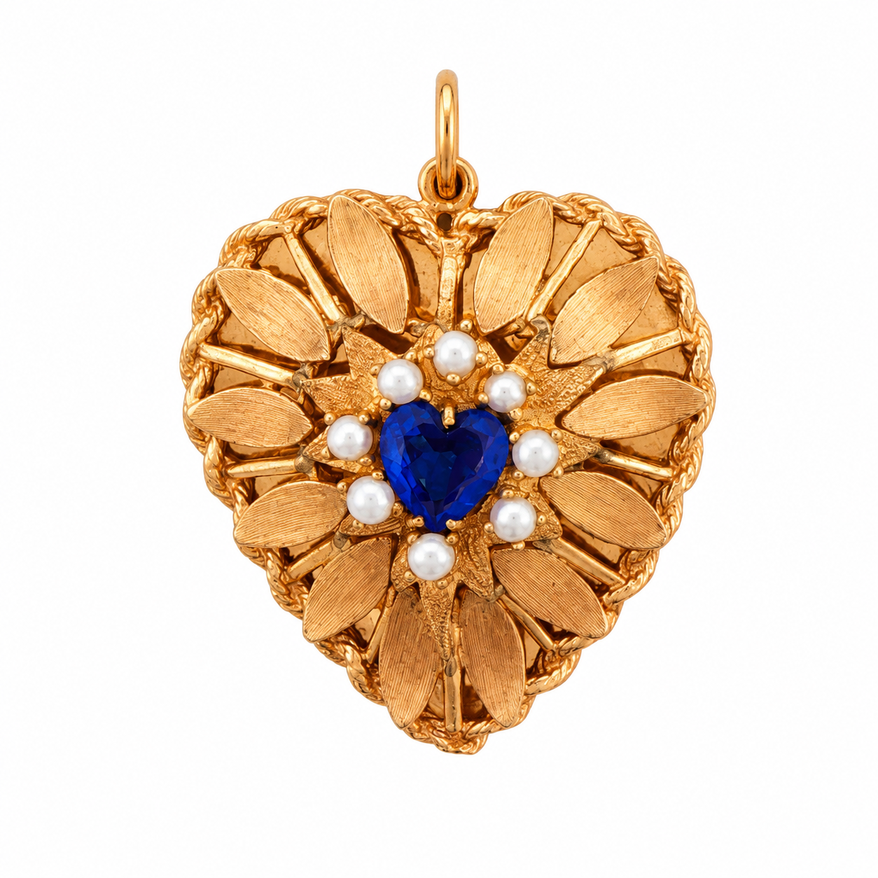1950s 14 karat yellow gold heart pendant, textured floral cluster with synthetic sapphire and pearls, front view