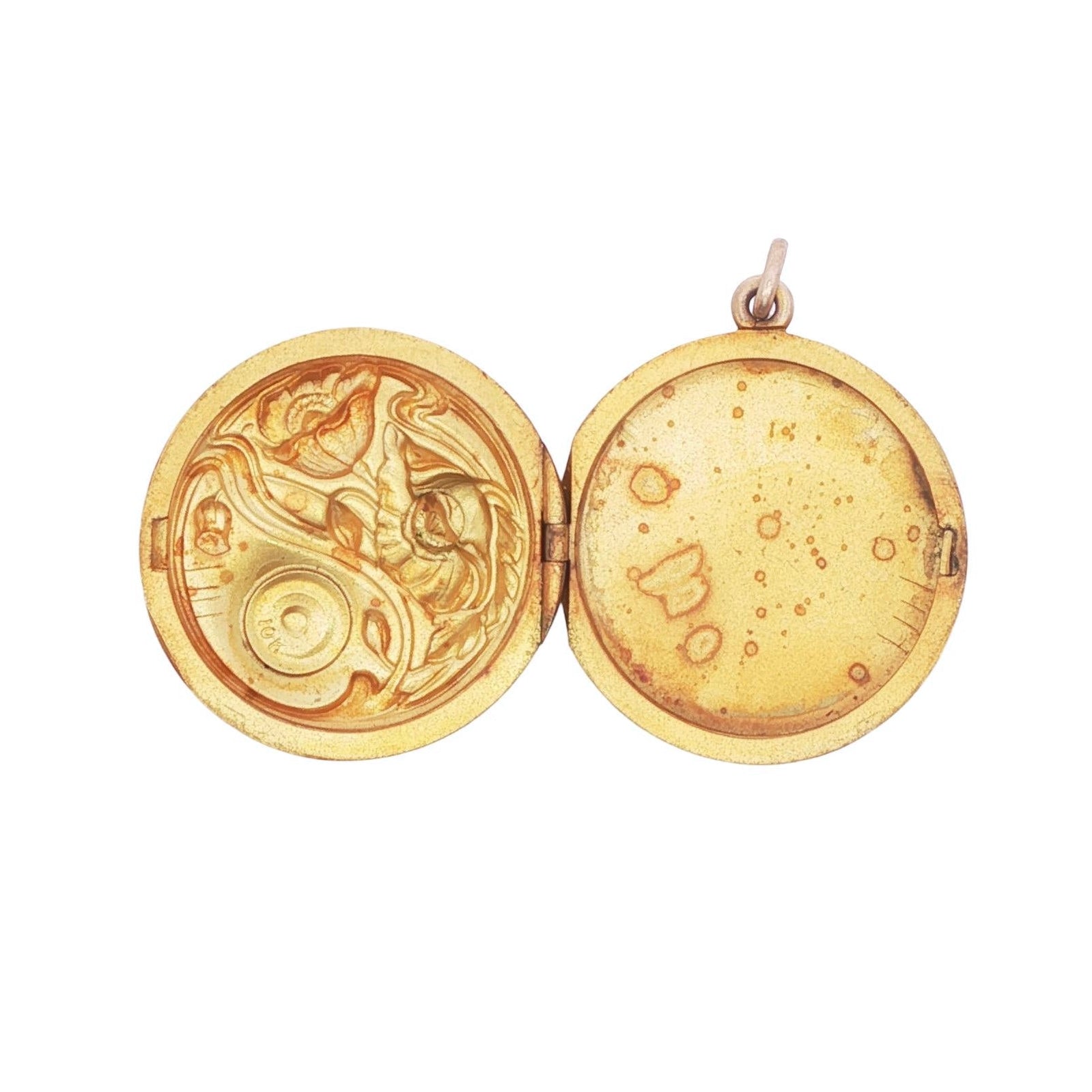 14k Yellow Gold 1910s Repousse Floral Flower Disc Locket Charm