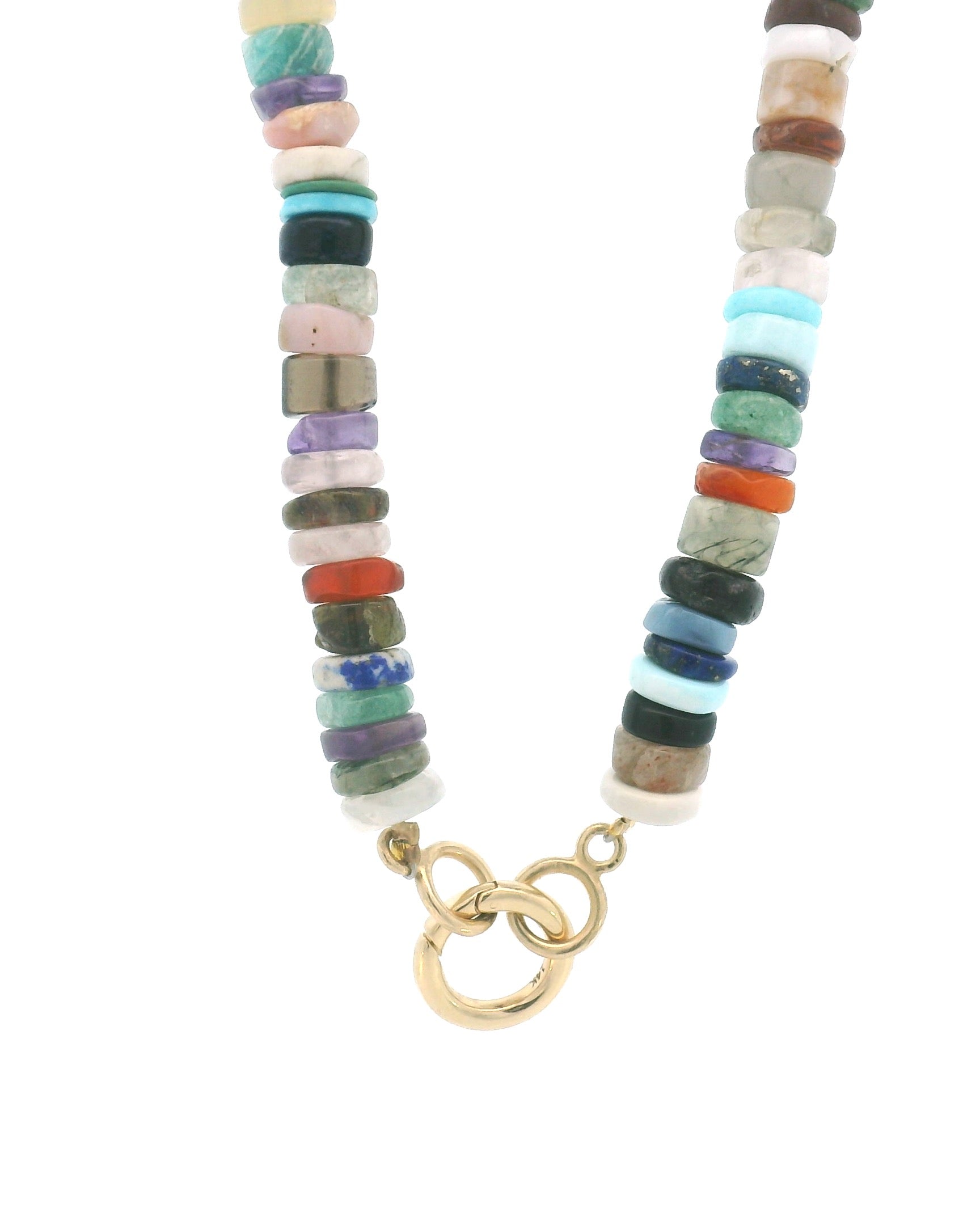 14k Gold Multi-Color Gemstone Heishi Cut Beaded Necklace with Push in Circle