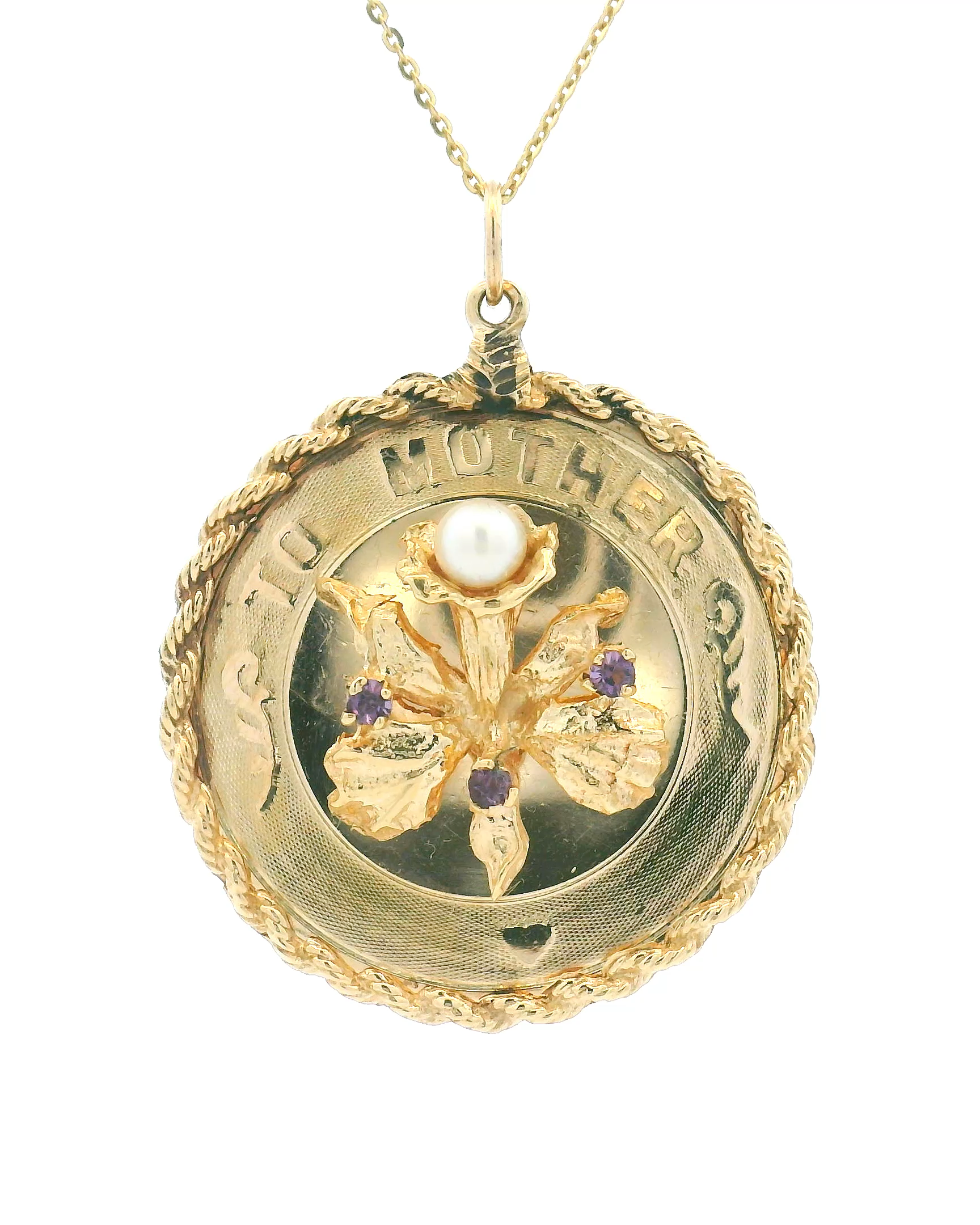 14k Yellow Gold “To Mother” Amethyst and Pearl Flower Charm