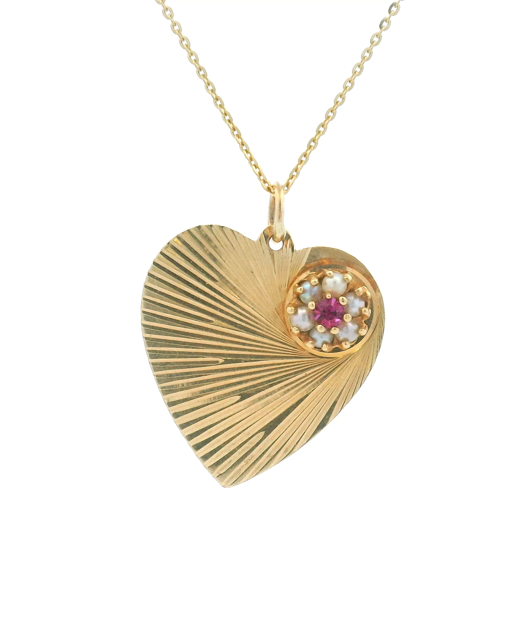 14k Yellow Gold Engine-Turned Ruby and Pearl Heart Charm