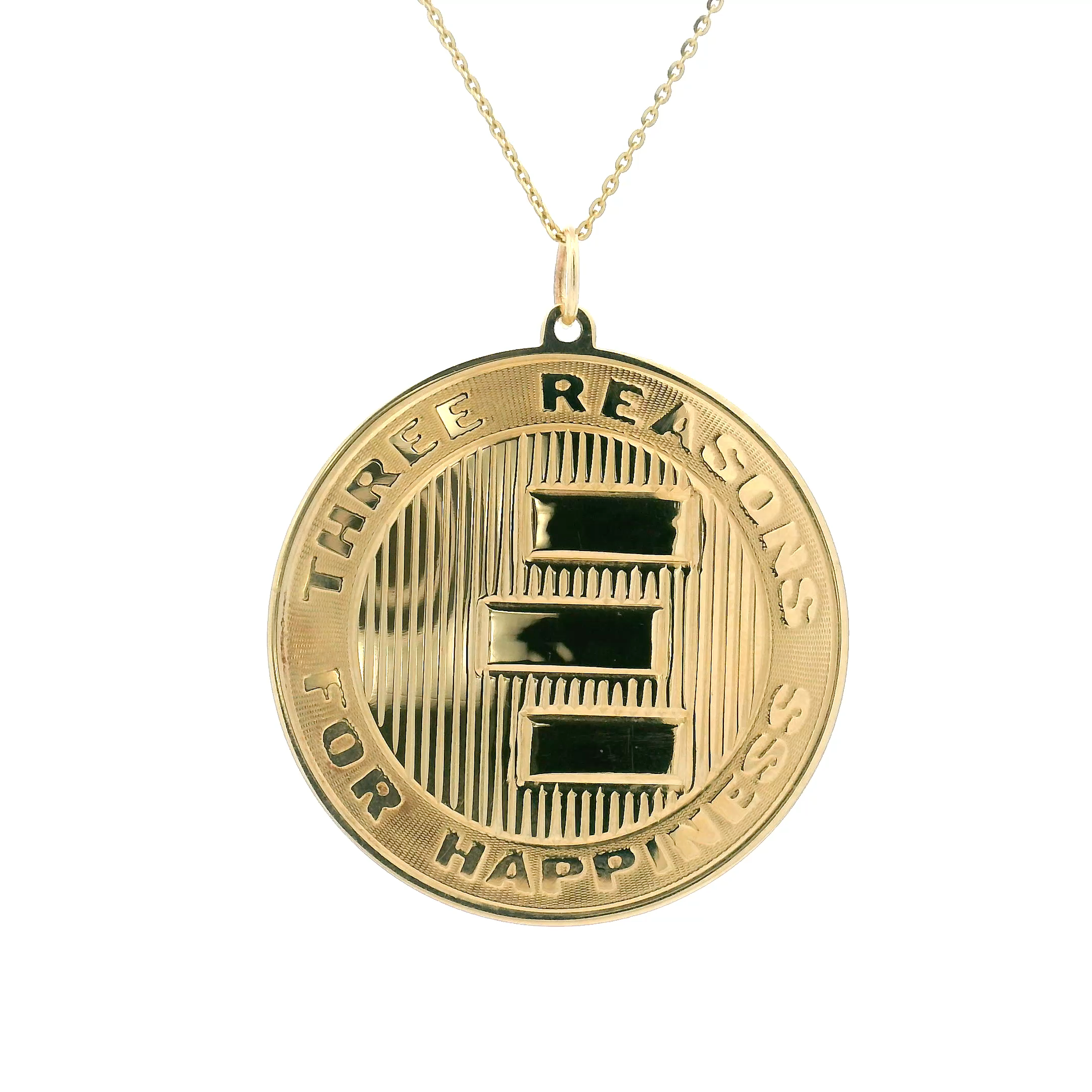 14k Yellow Gold Vintage "Three Reasons For Happiness" Engraved Medallion Charm