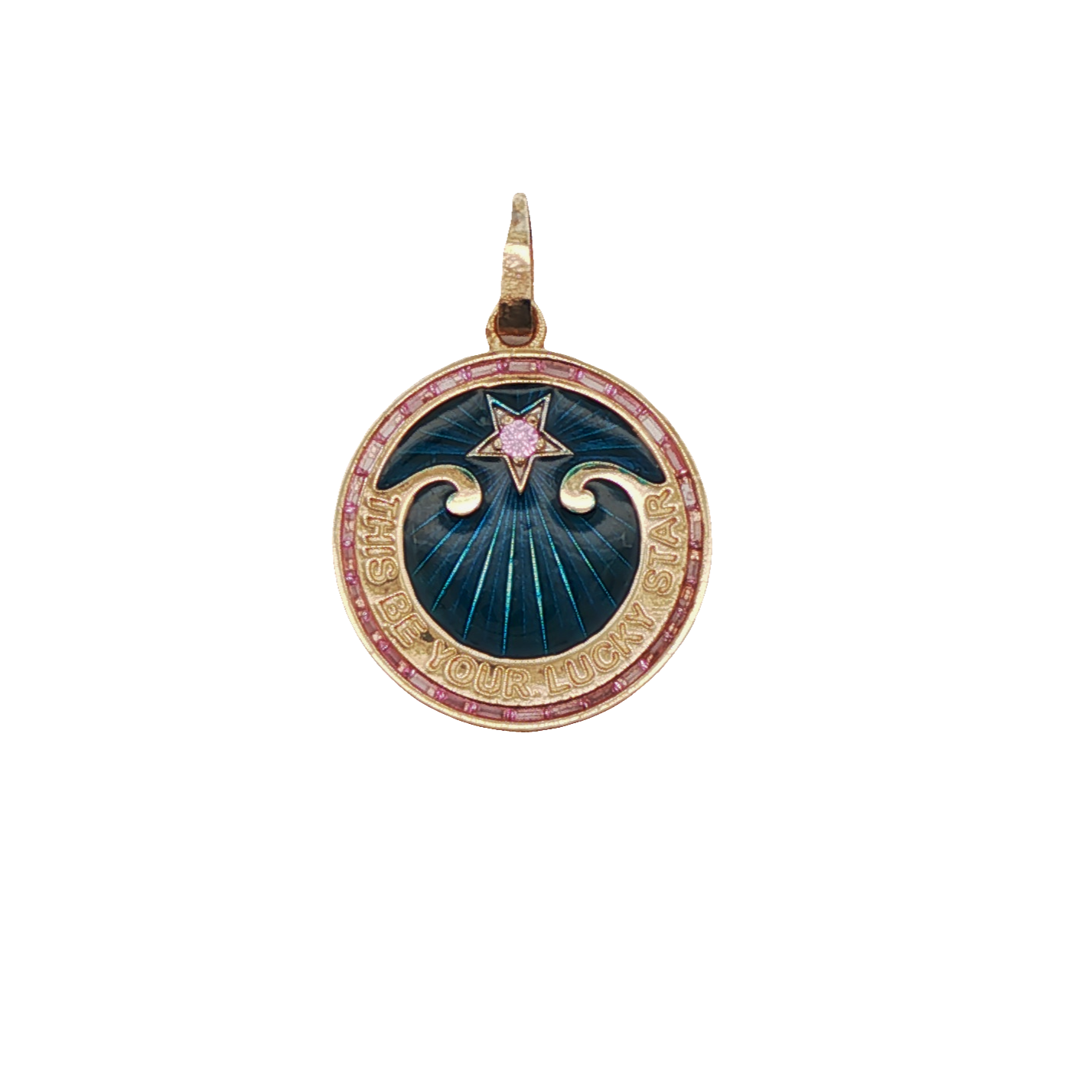 18k Yellow Gold Blue Enamel Pink Sapphires 1970s Vintage French Lucky Star Charm