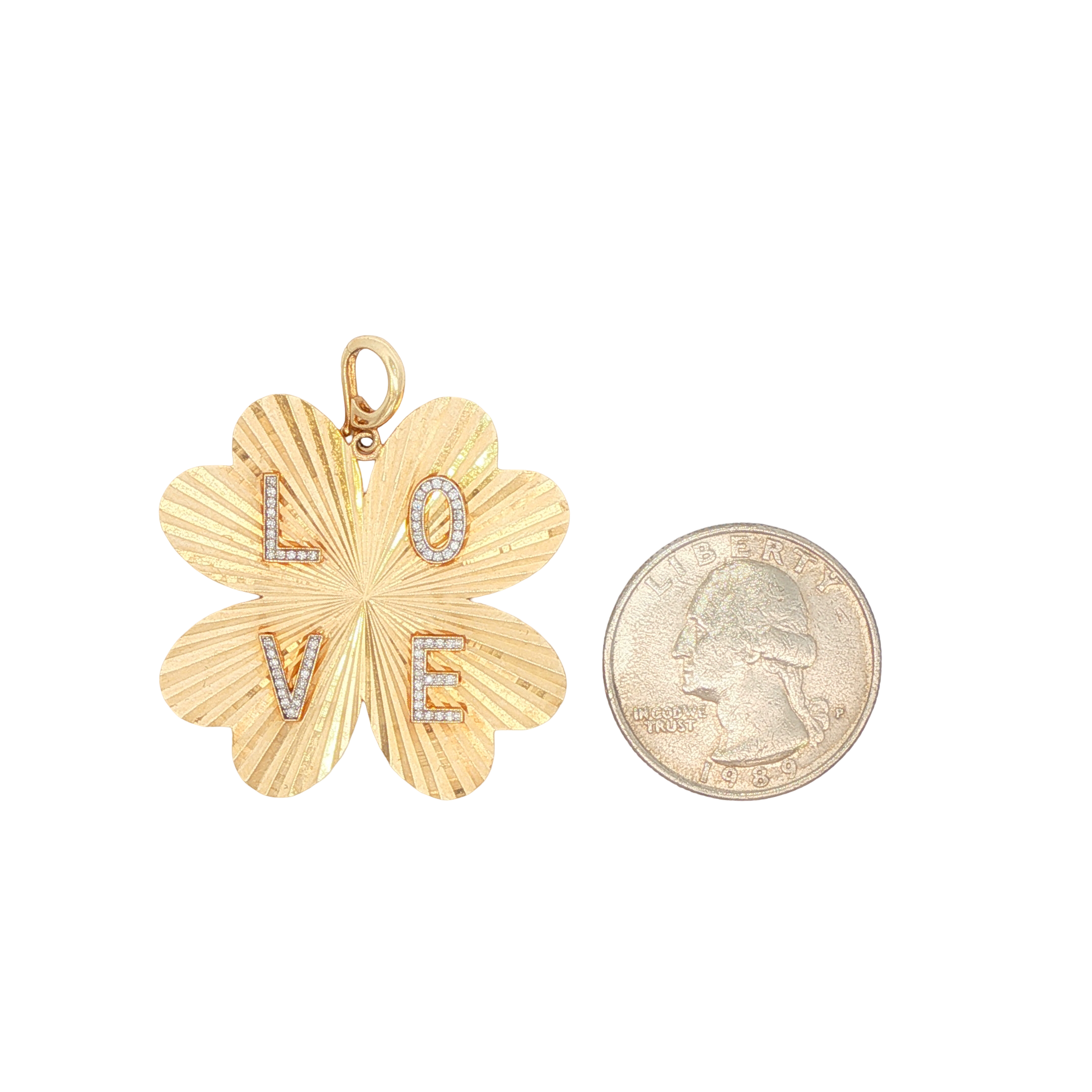 14k Yellow Gold Engine Turned Clover Love Charm