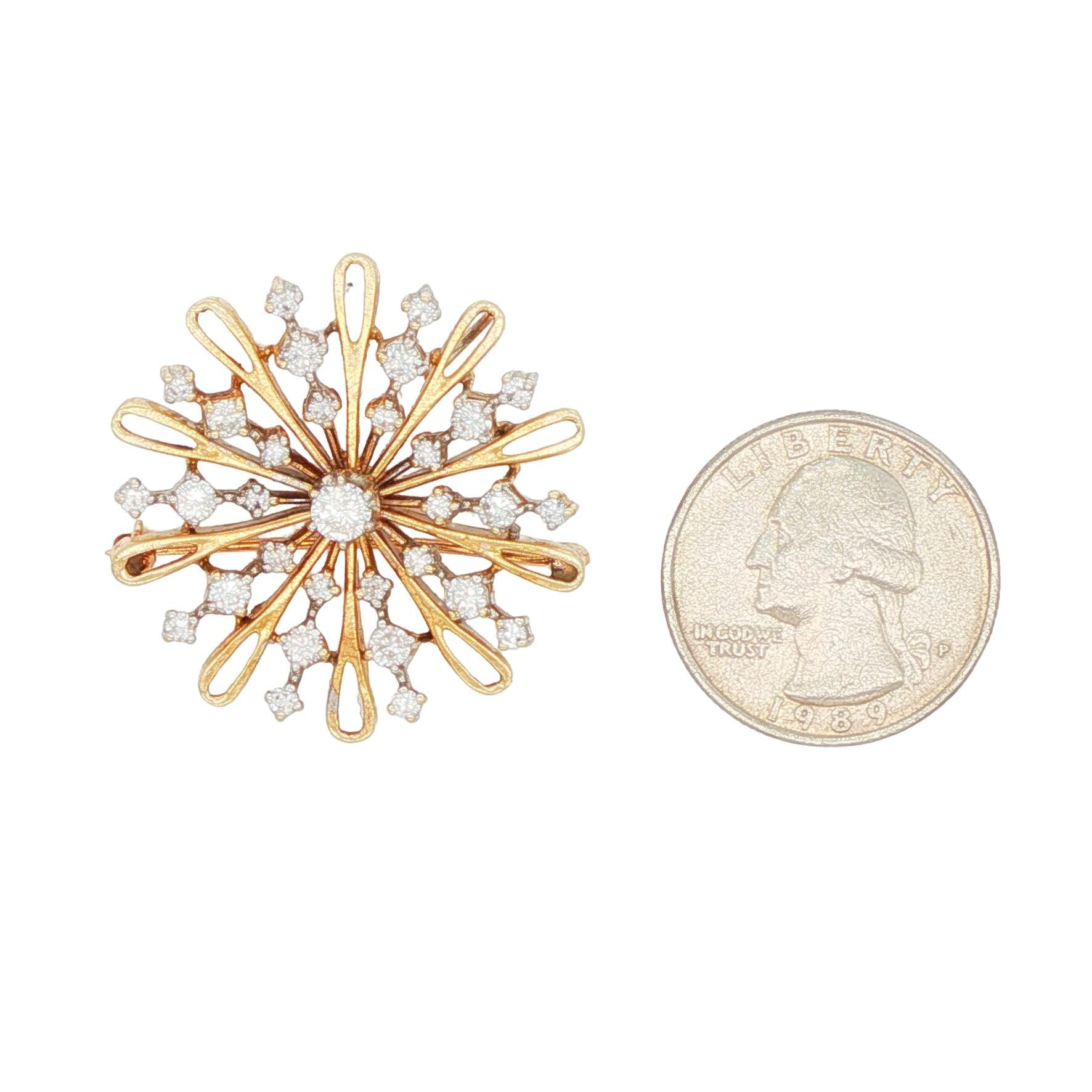 14K Yellow Gold Vintage Diamond Sunburst Pendant Brooch