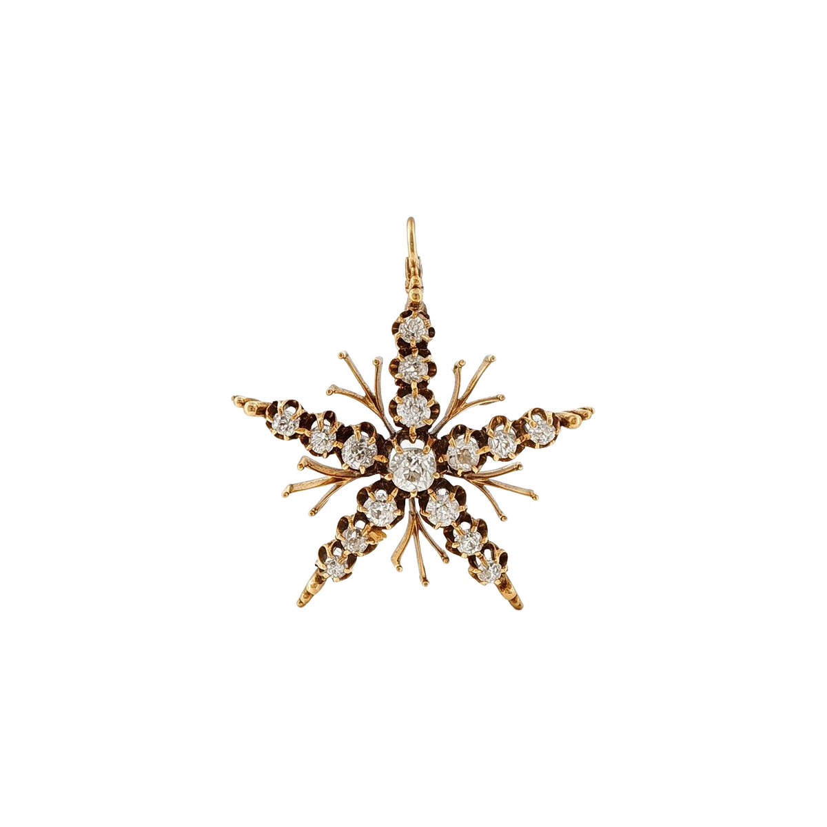18k Yellow Gold Victorian Old Mines Cut Diamond Snowflake Charm