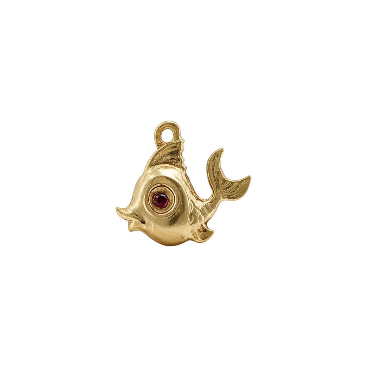 14K Yellow Gold Vintage Fish with Pink Eye Accent Charm