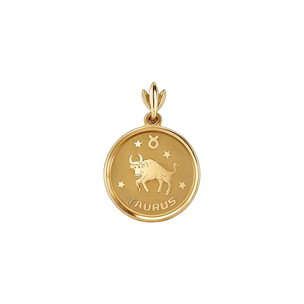 Front of 14k yellow gold Taurus zodiac charm with bull, stars and satin center in a polished frame