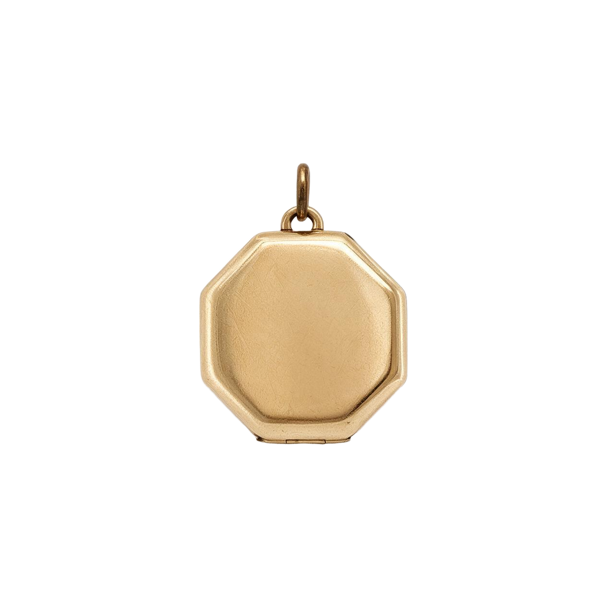 Back of 14k yellow gold octagonal locket, plain satin surface ready for engraving