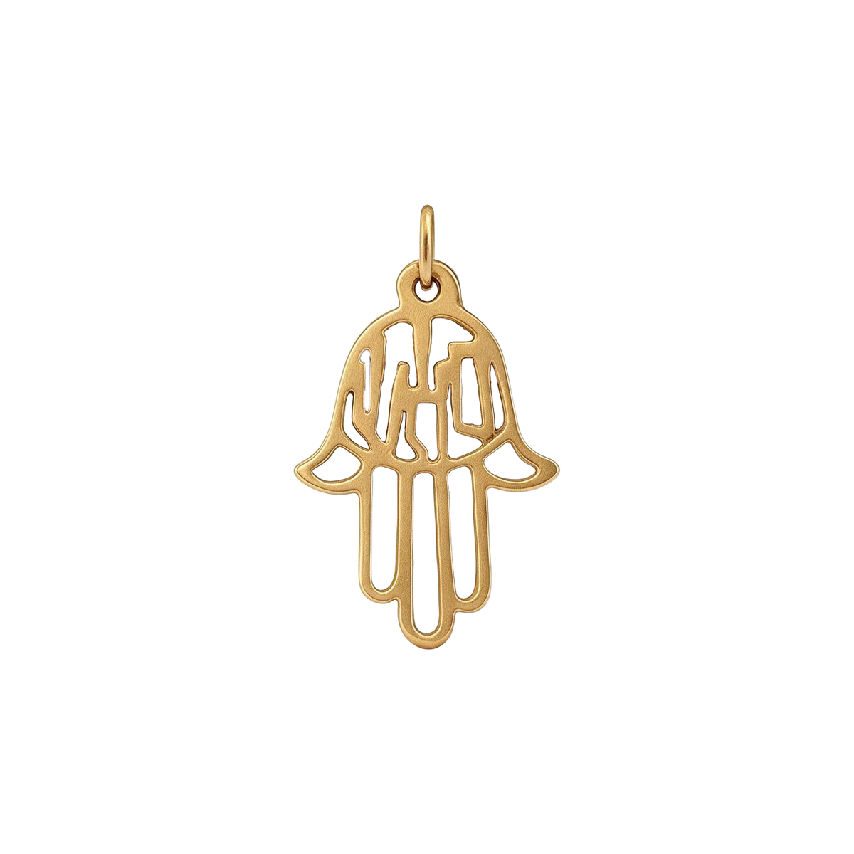 Back of 14k gold openwork Shalom hamsa hand charm pendant
