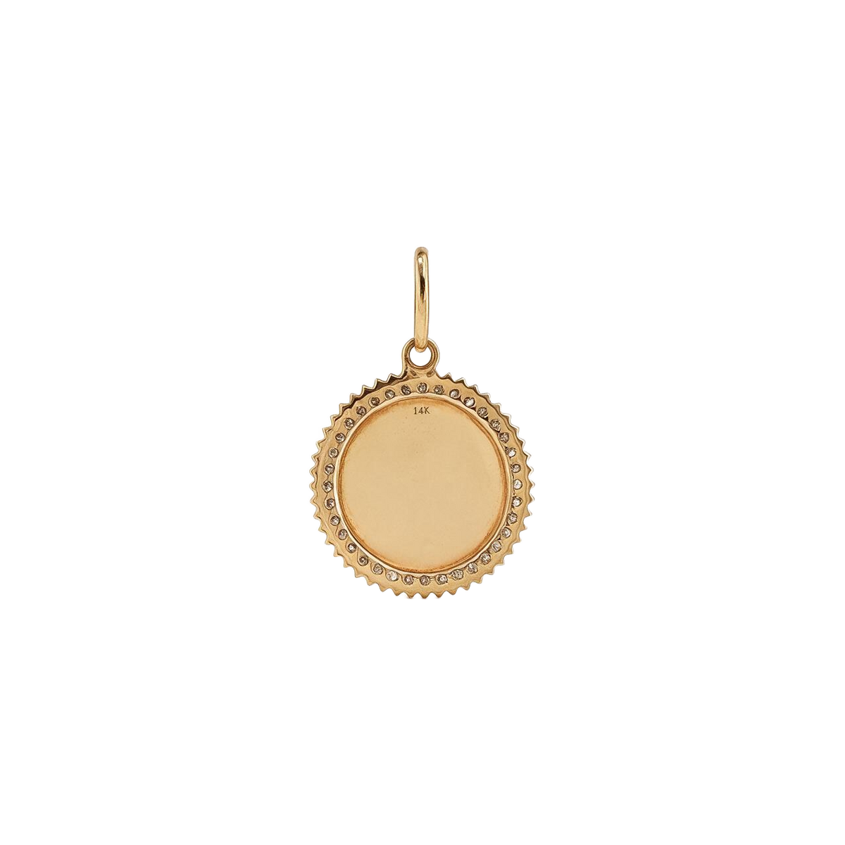 Back of 14k yellow gold crossed feather medallion charm, smooth polished center ready for engraving
