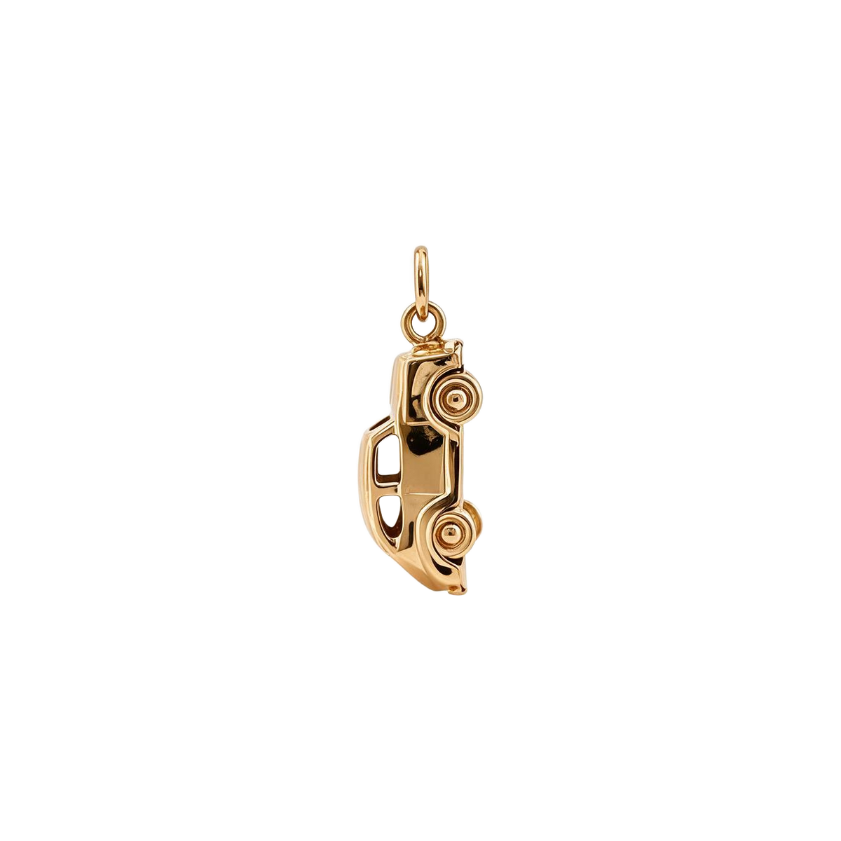 Other side of 14k yellow gold vintage VW Beetle charm showing the windows and spoked wheels
