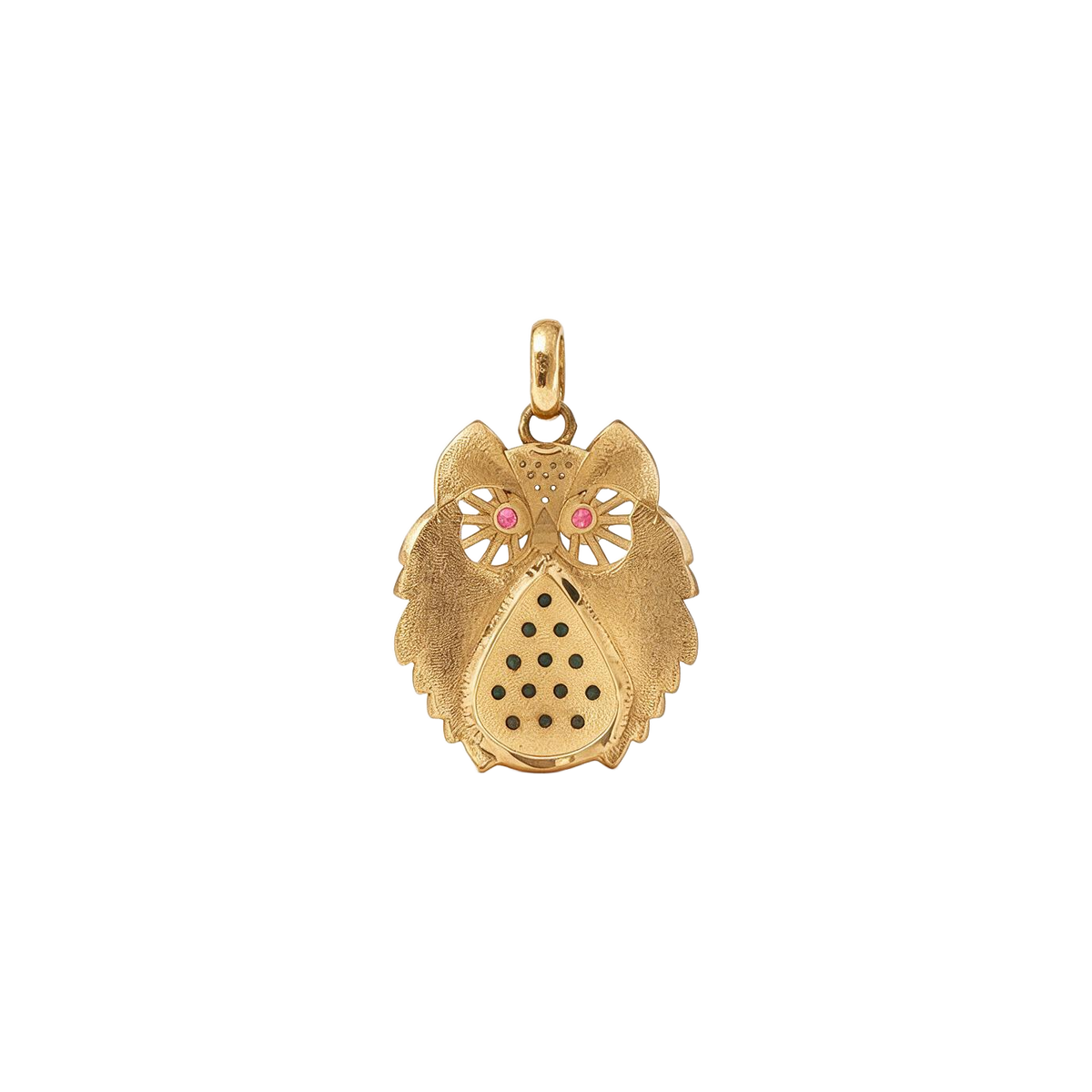 Back of 18k gold French owl charm with textured feathers and pierced eyes