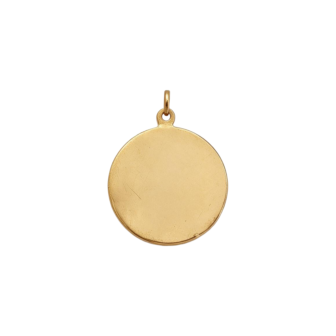 Back of 14k yellow gold Aquarius disc charm, smooth flat surface ready for engraving