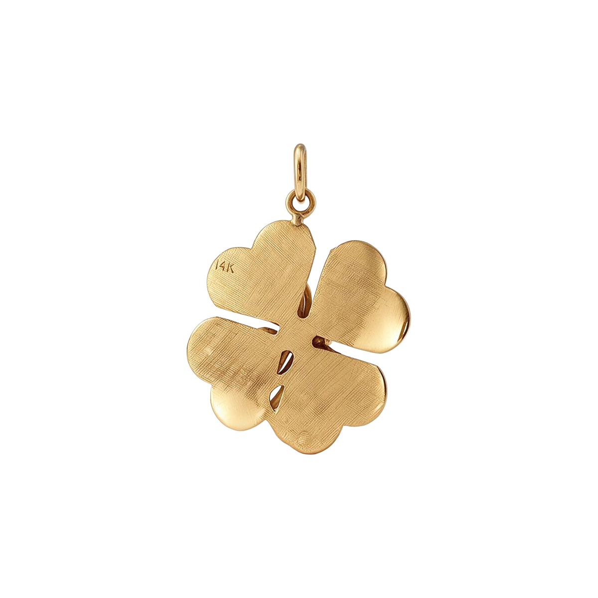 Back of 14k gold four leaf clover charm, brushed finish for engraving