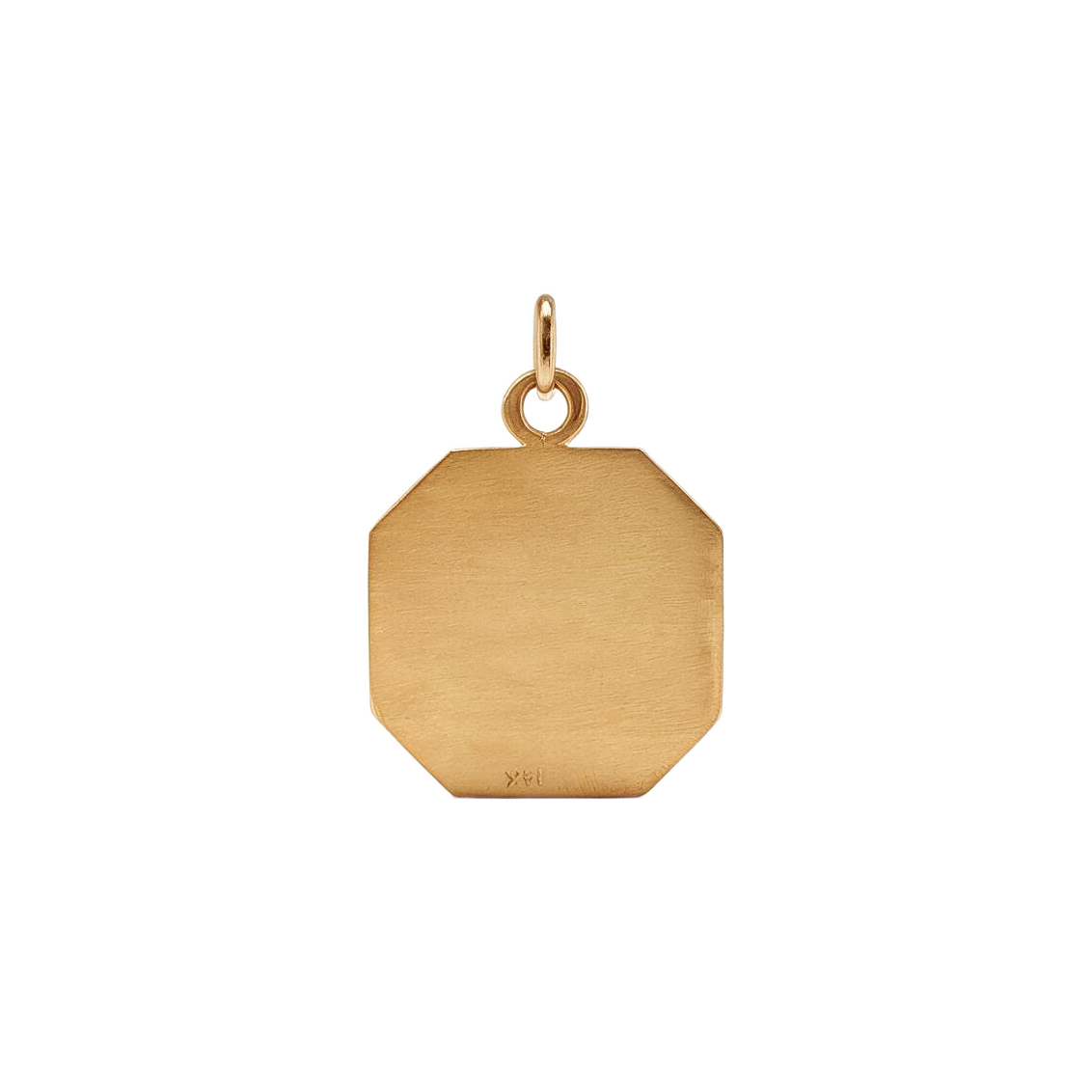 Back of 14k yellow gold octagonal Sagittarius charm, flat brushed plate ready for engraving