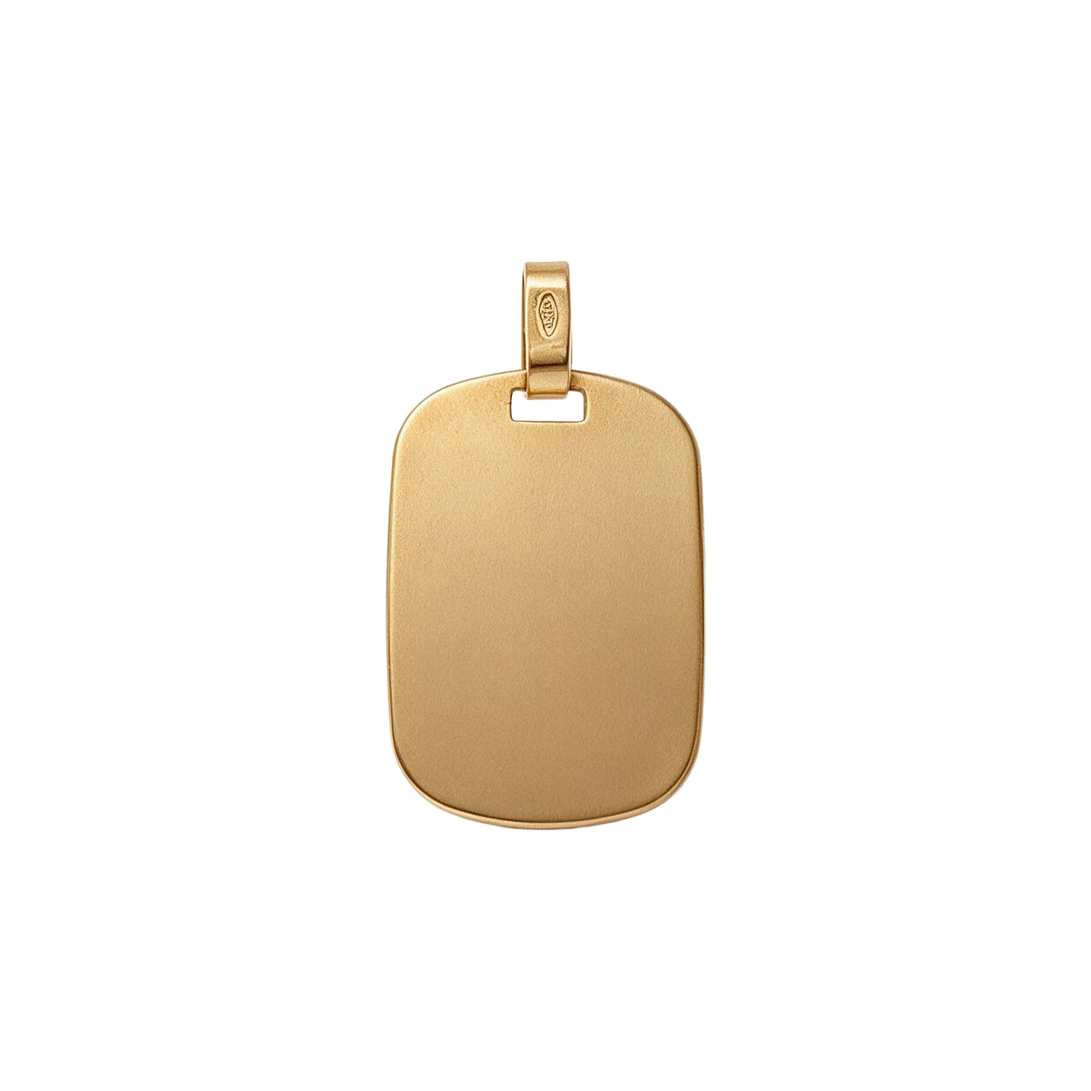 Back of 14k yellow gold dog tag charm, satin finish plate ready for engraving