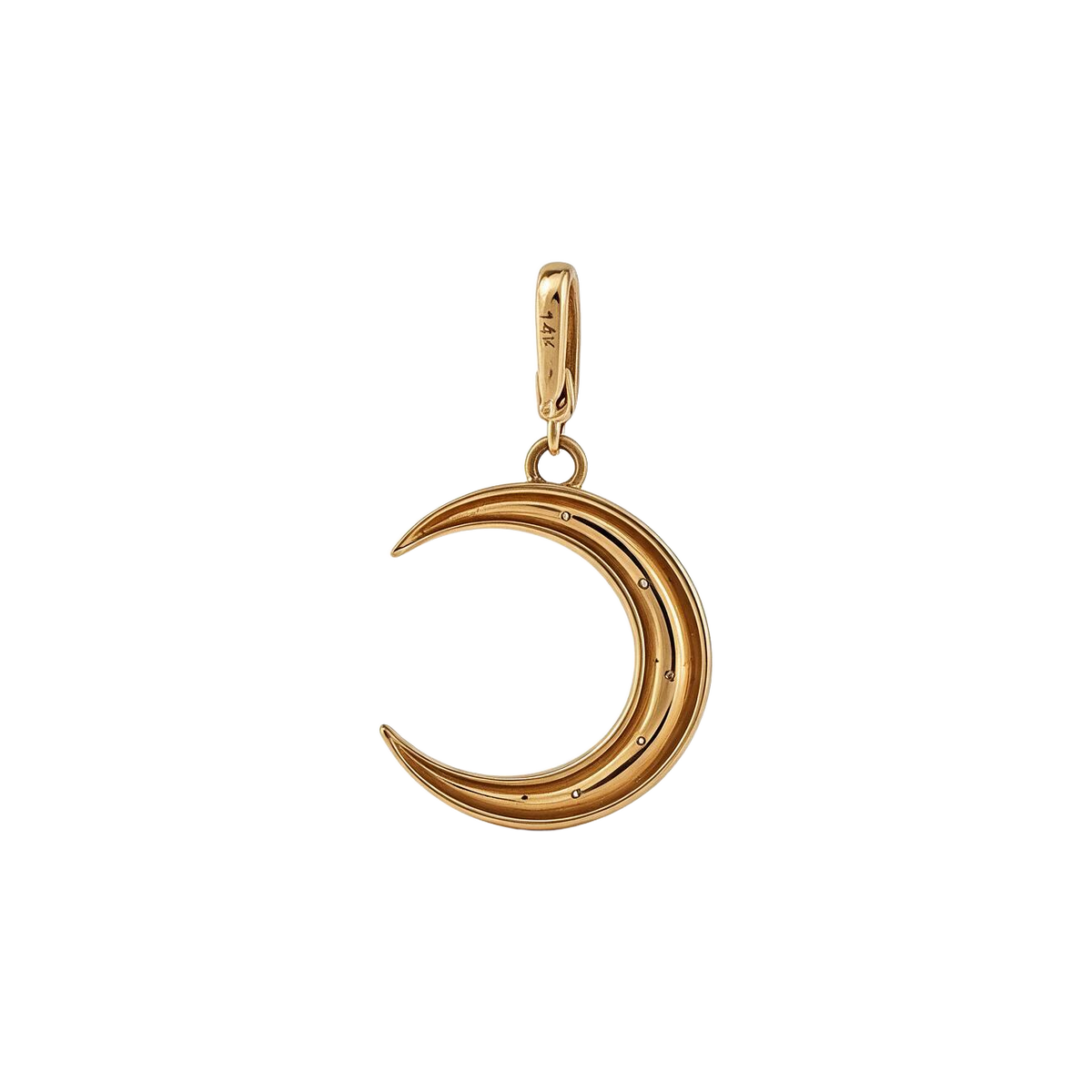 Back of 14k gold crescent moon charm with diamond star settings
