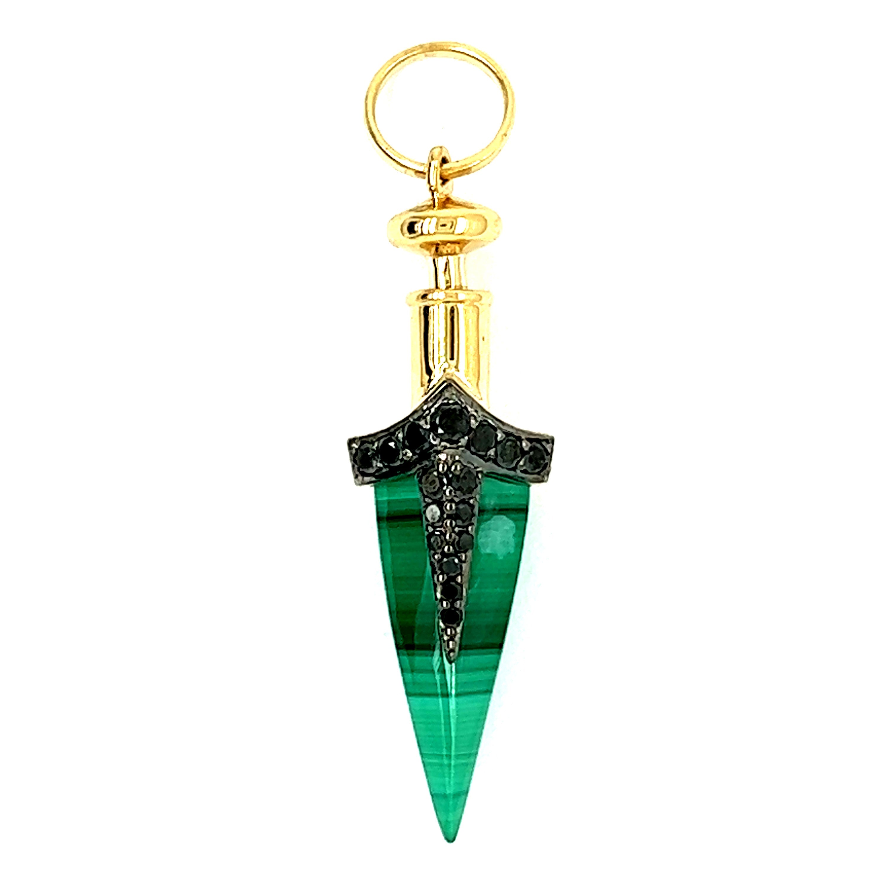 14k Yellow Gold Malachite Black Diamond Sword Charm