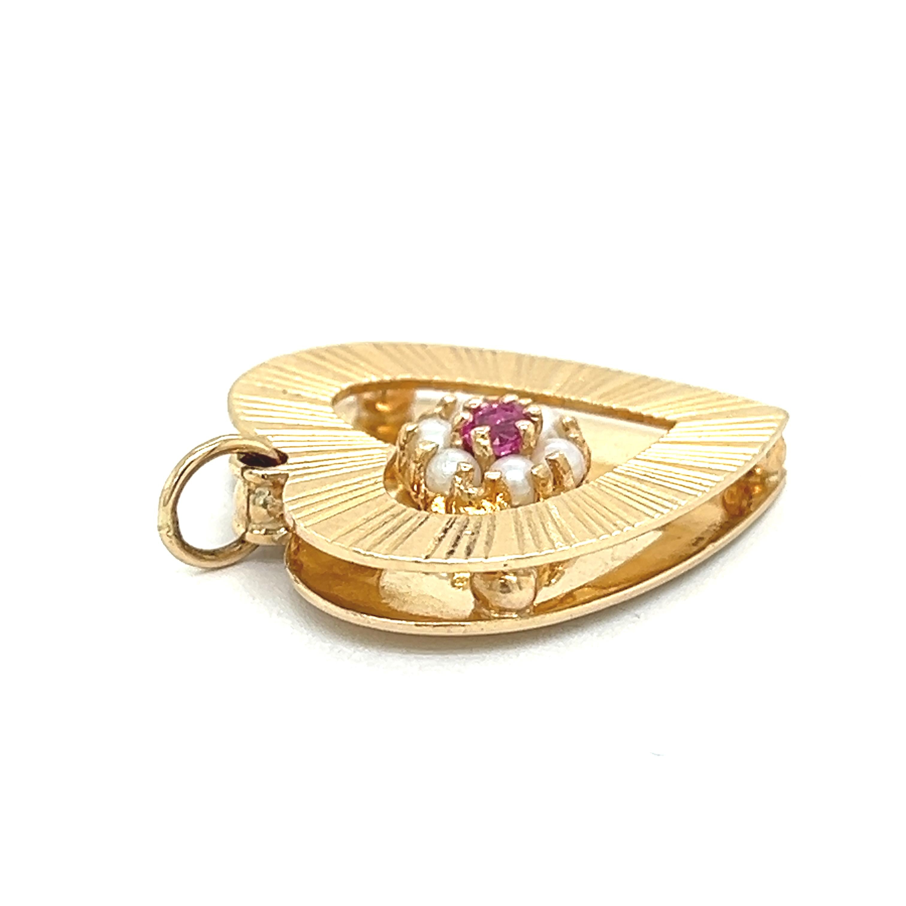 Vintage Pearl and Ruby Two-Tier Heart 14k Gold Charm