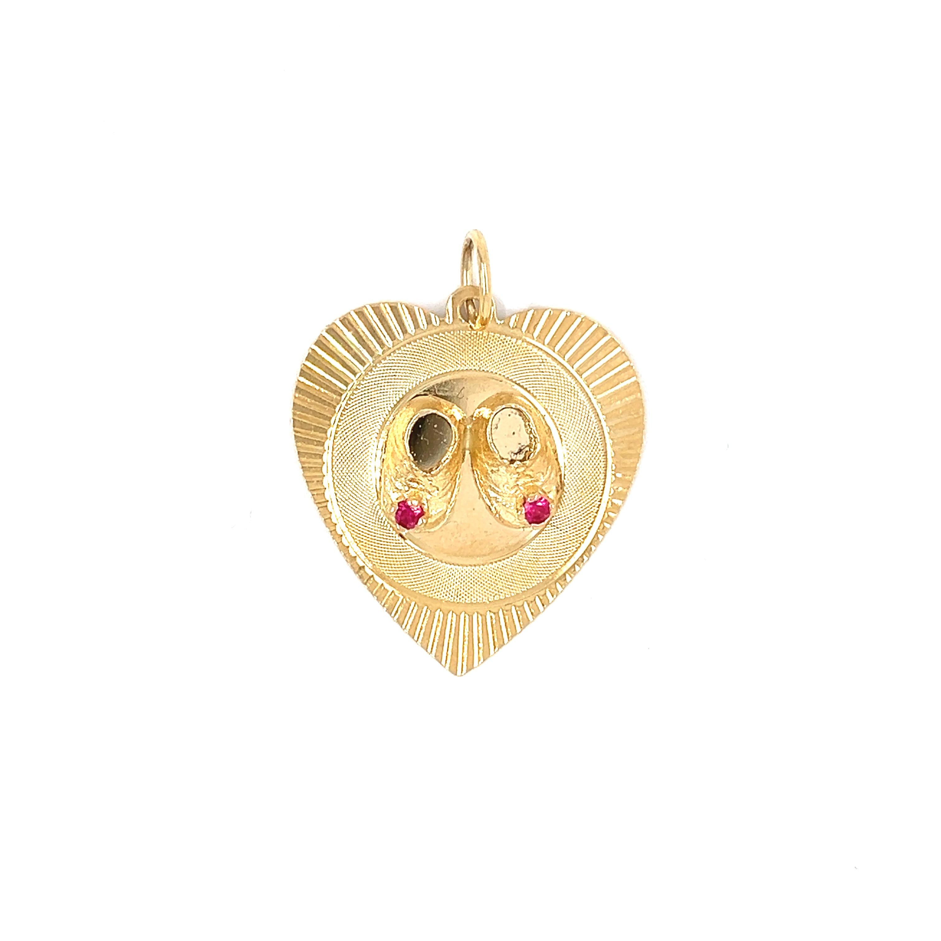 Vintage Ruby Baby Shoes Heart 14k Gold Charm