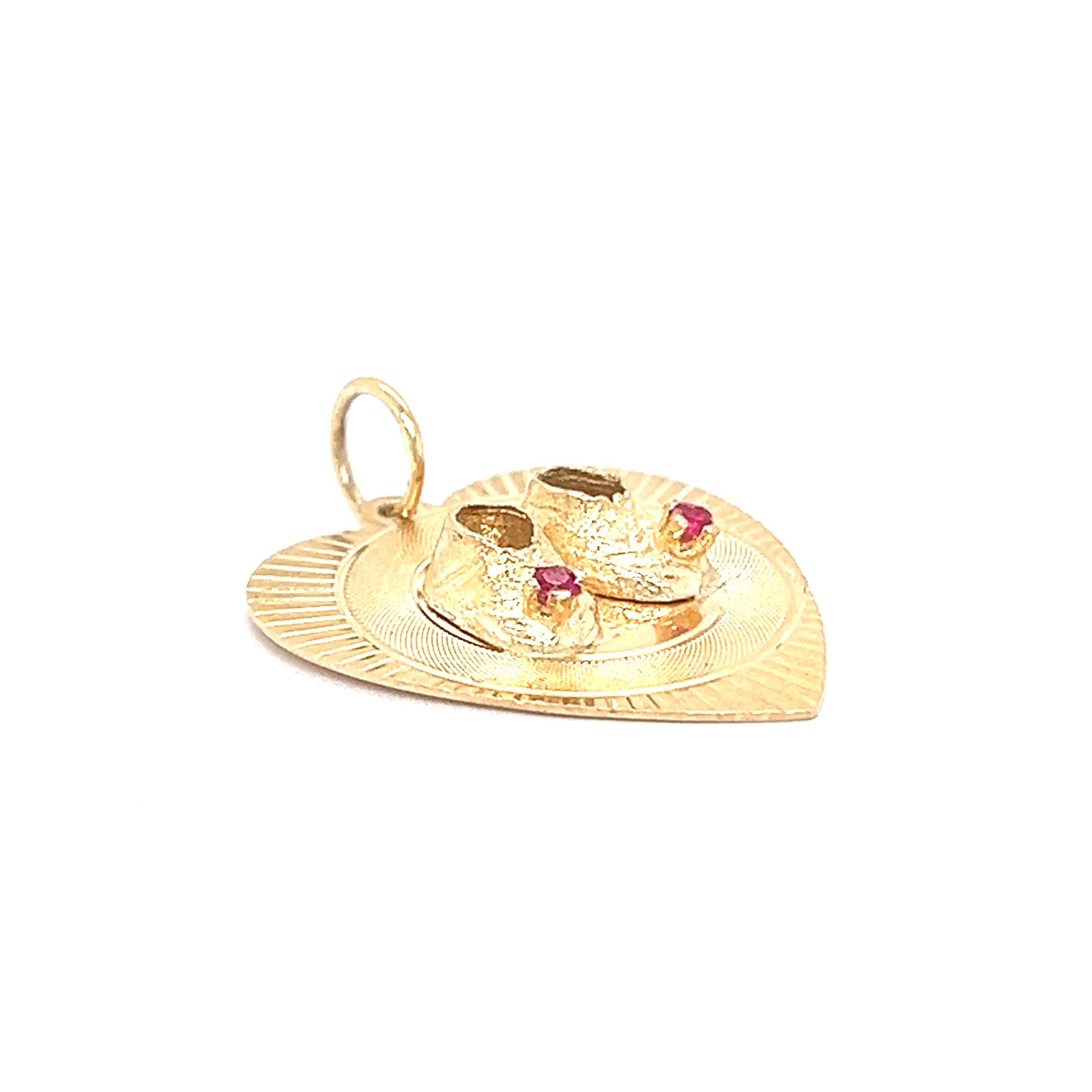 Vintage Ruby Baby Shoes Heart 14k Gold Charm