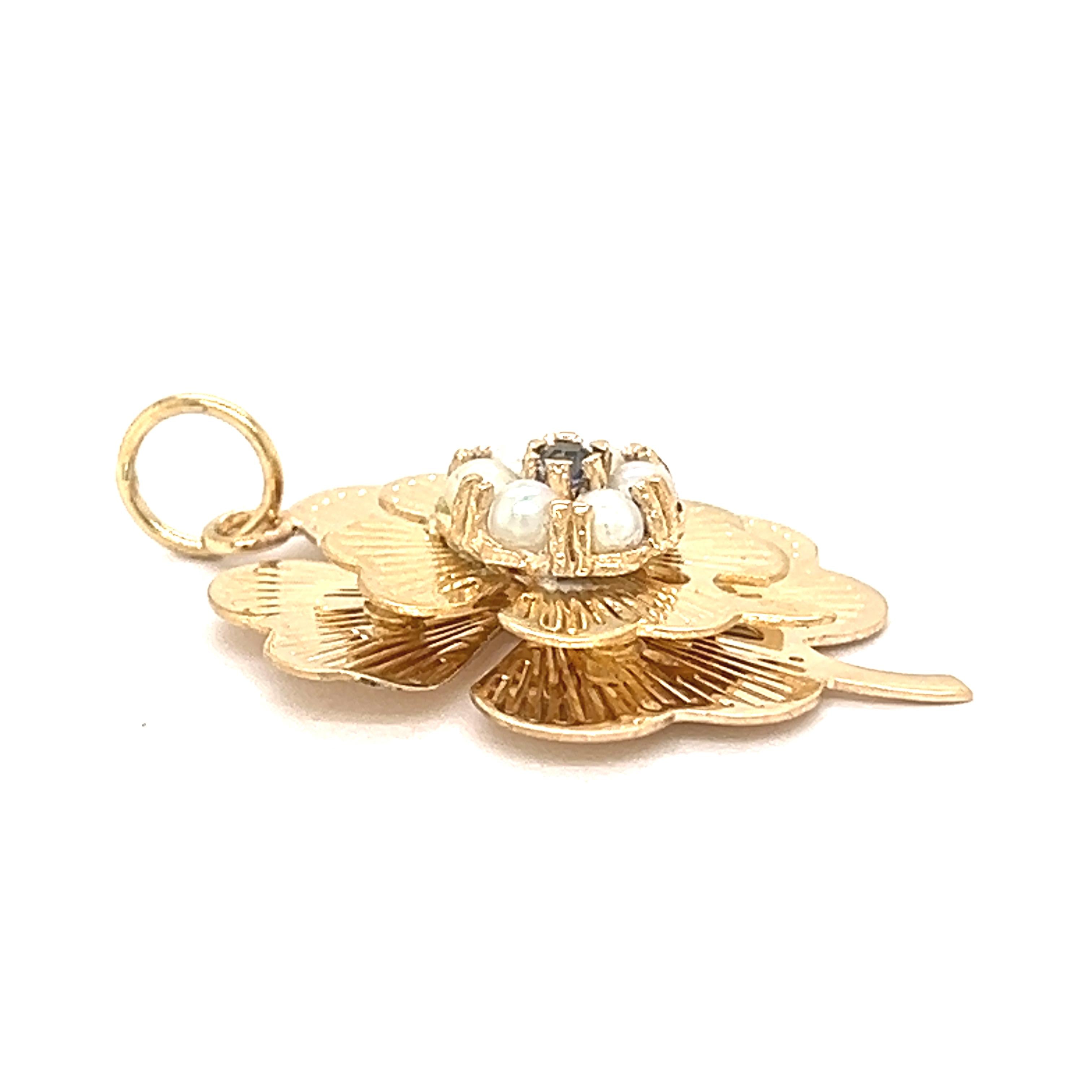 Vintage Engine Turned Pearl and Sapphire Double Clover 14k Gold Charm