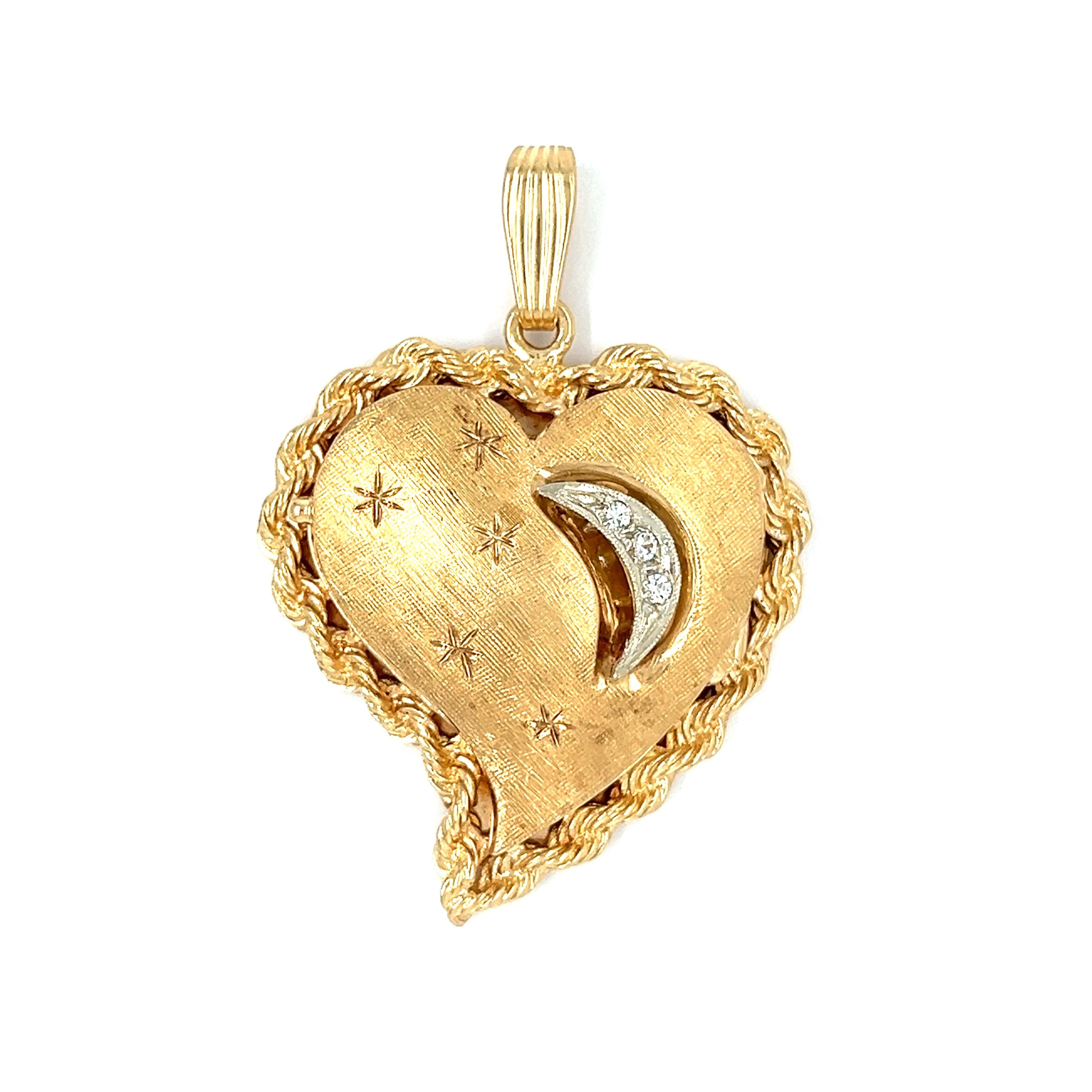 Vintage Heart with Diamond Moon 14k Gold Locket Pendant