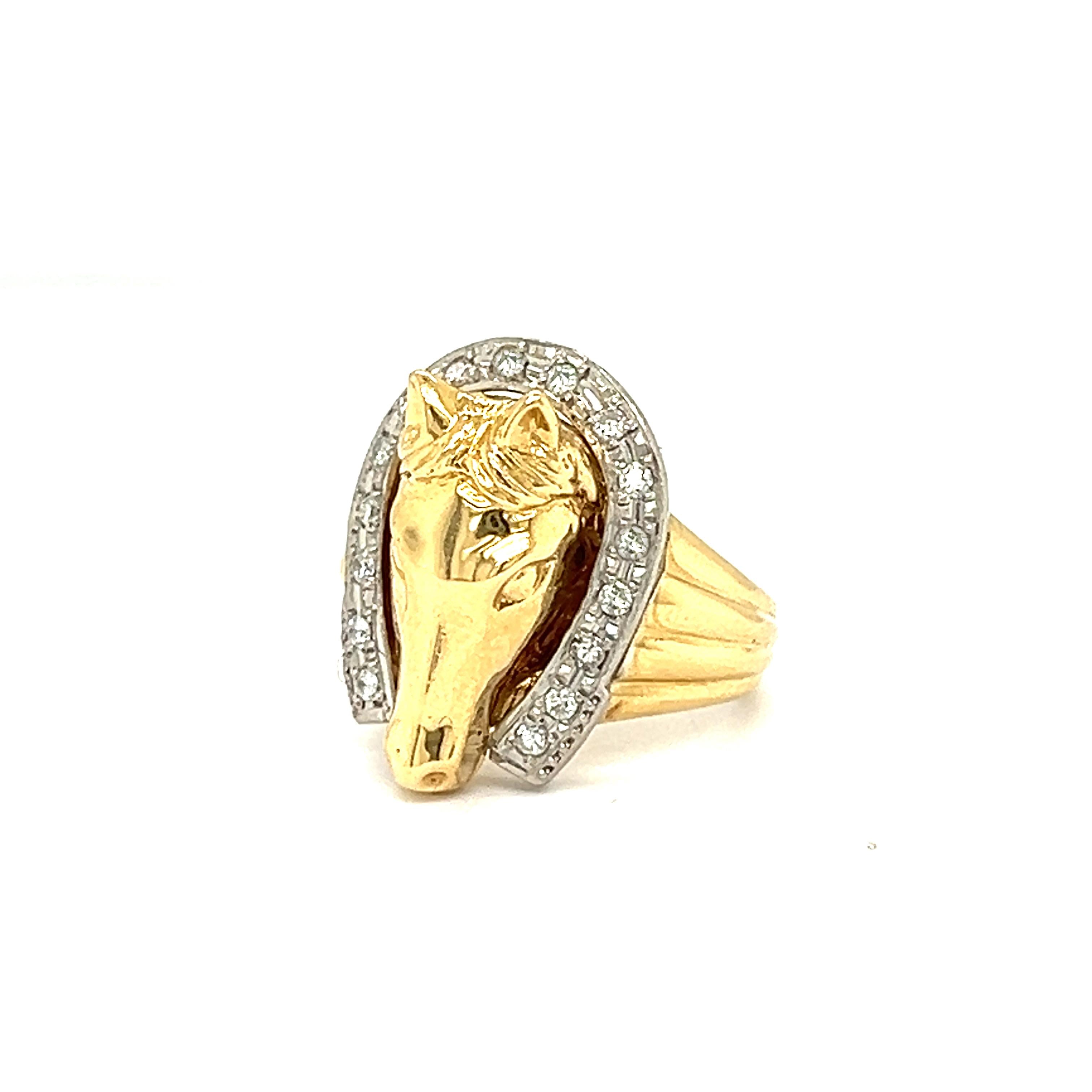 Vintage 18k Gold Diamond Horse and Horseshoe Ring