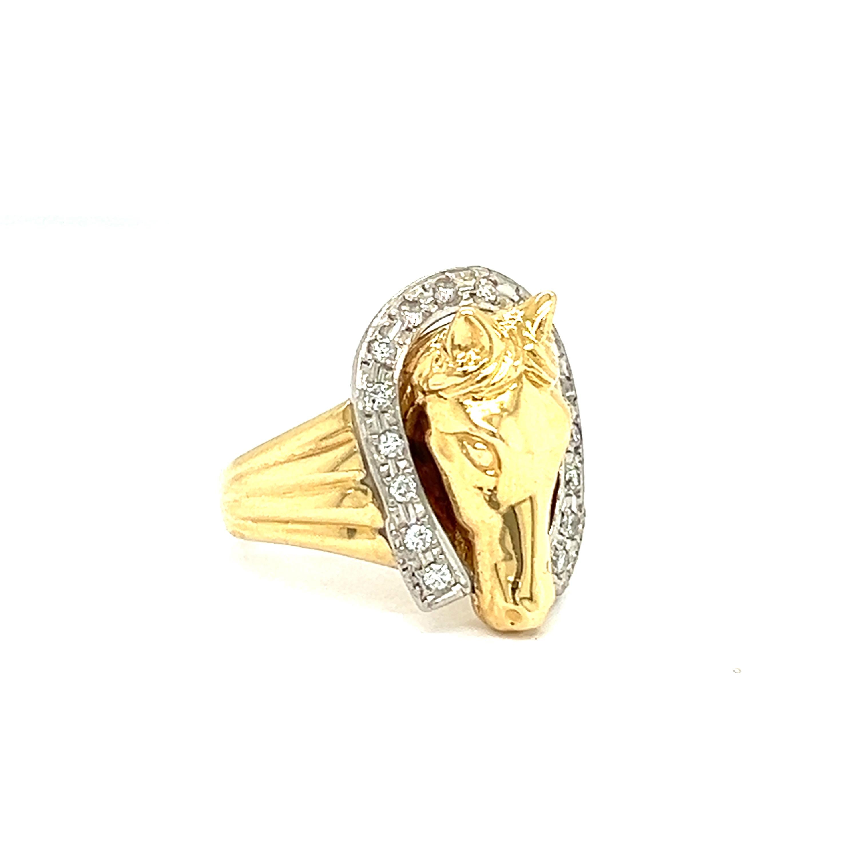 Vintage 18k Gold Diamond Horse and Horseshoe Ring