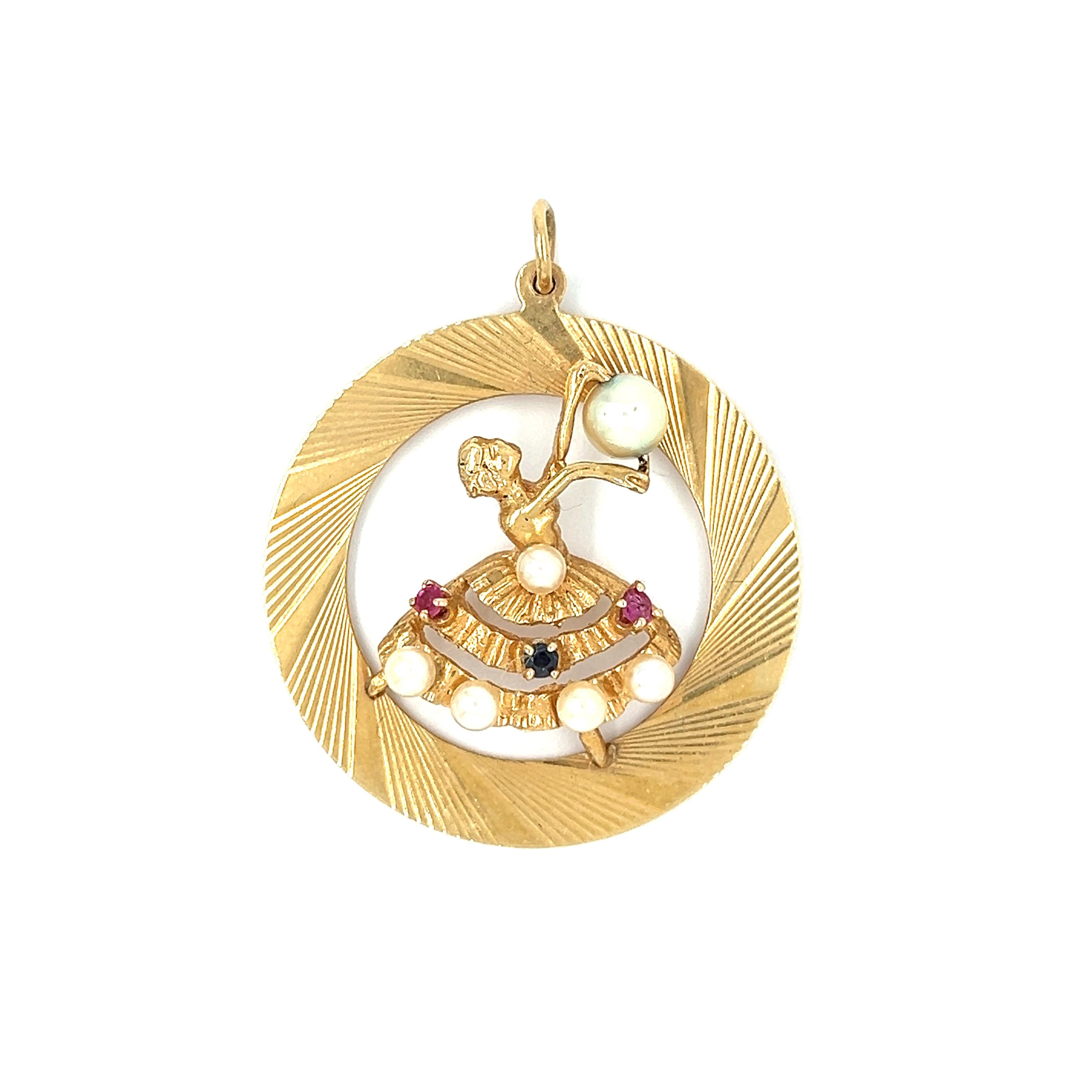 Vintage Multi Gem Dancer 14k Gold Charm