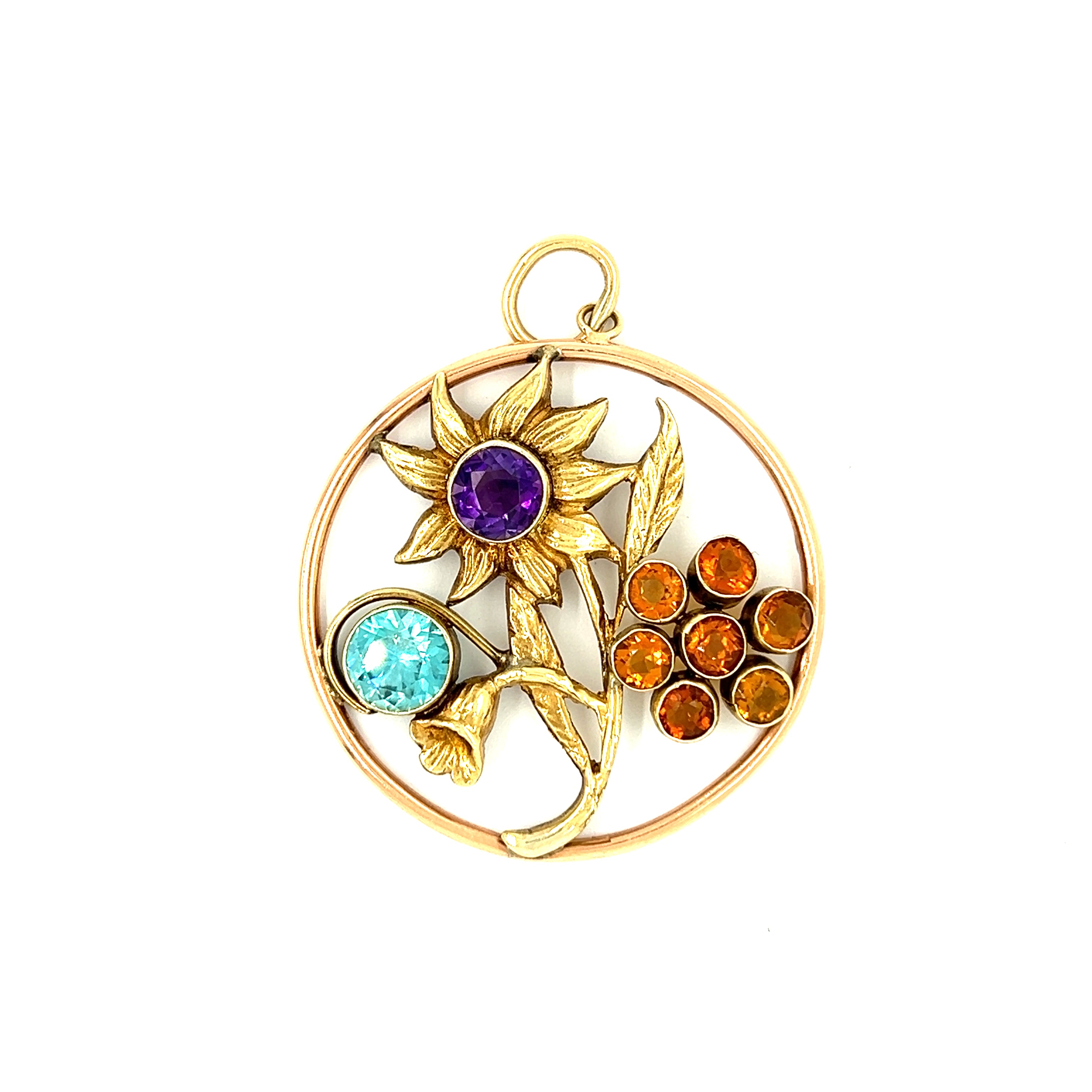 Vintage Multi Gem Art Nouveau Sunflower 14k Gold Charm