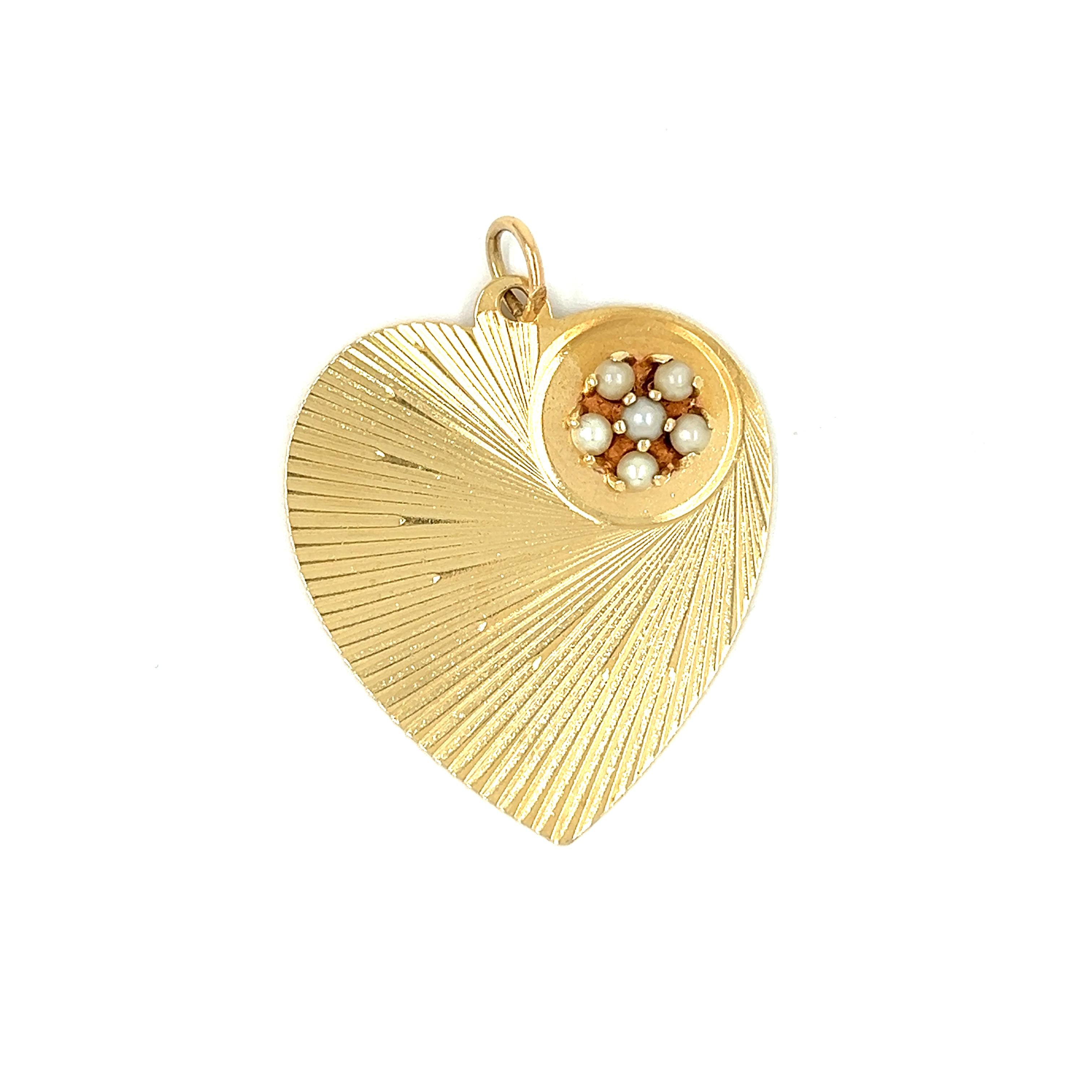 Vintage 14k Gold Pearl Engine-Turned Heart Charm