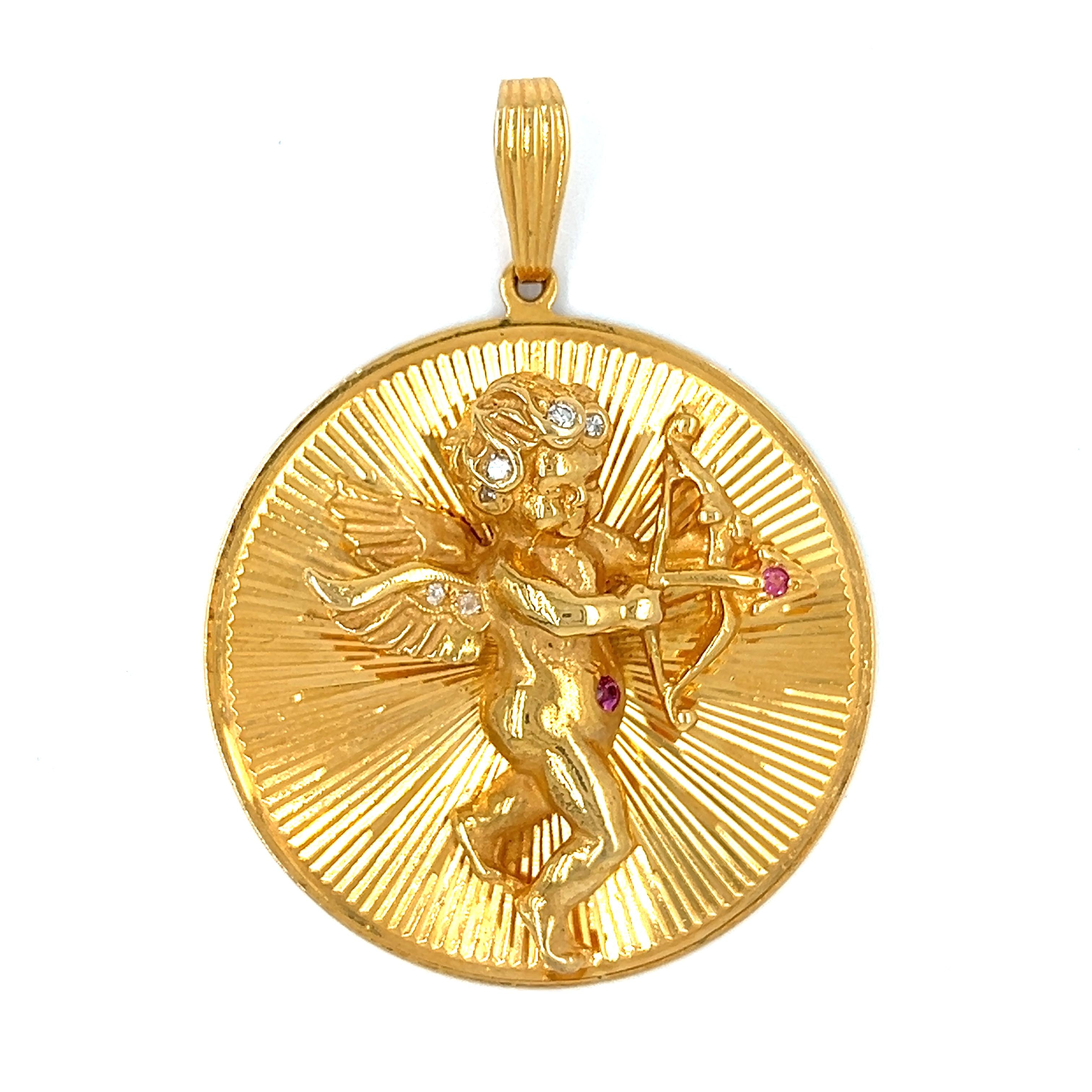 Vintage 14k Gold Diamond and Pink Sapphire Cherub Pendant