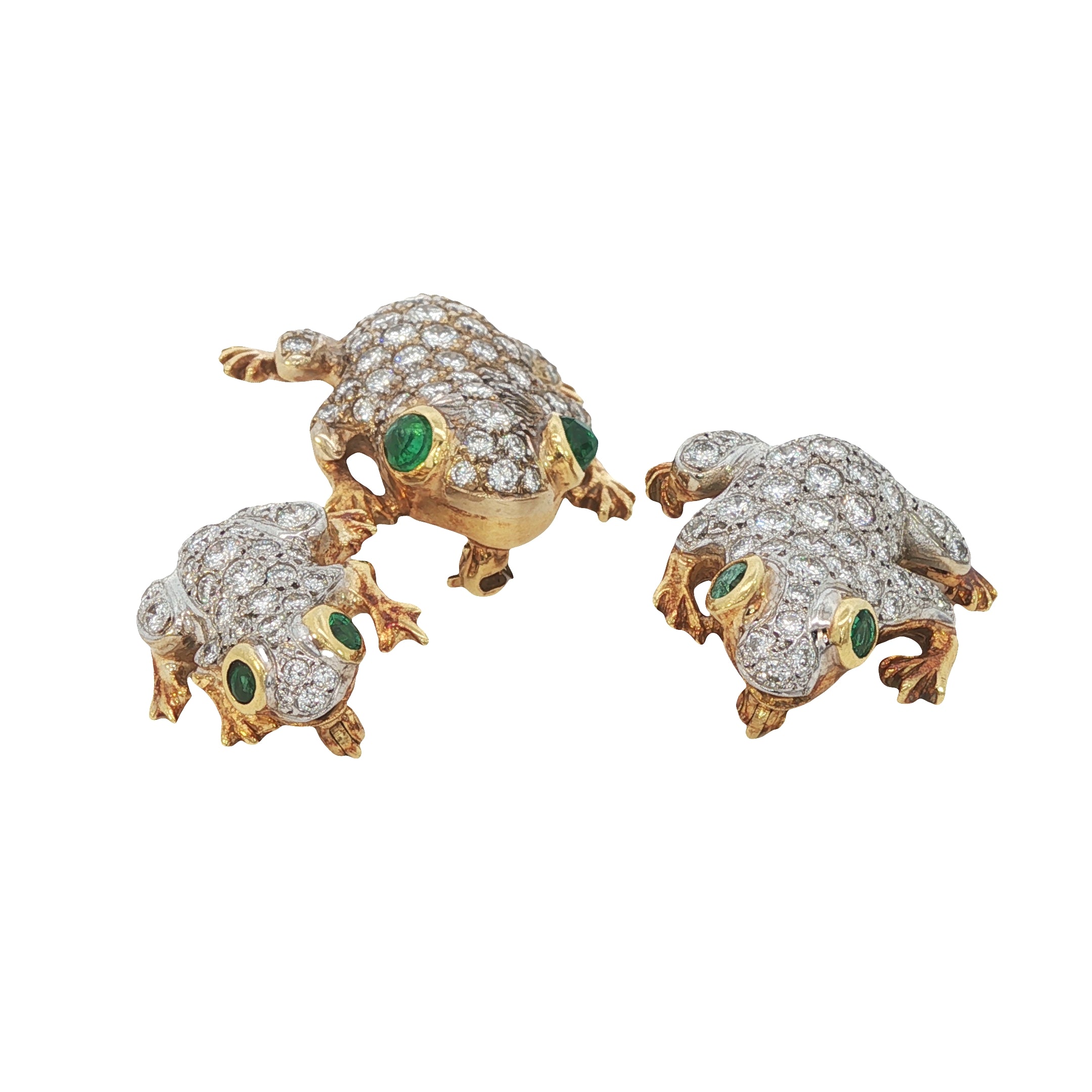 Vintage 18K Gold Frog Brooch Set of 3 with 6 Carats Diamonds & Emerald Eyes