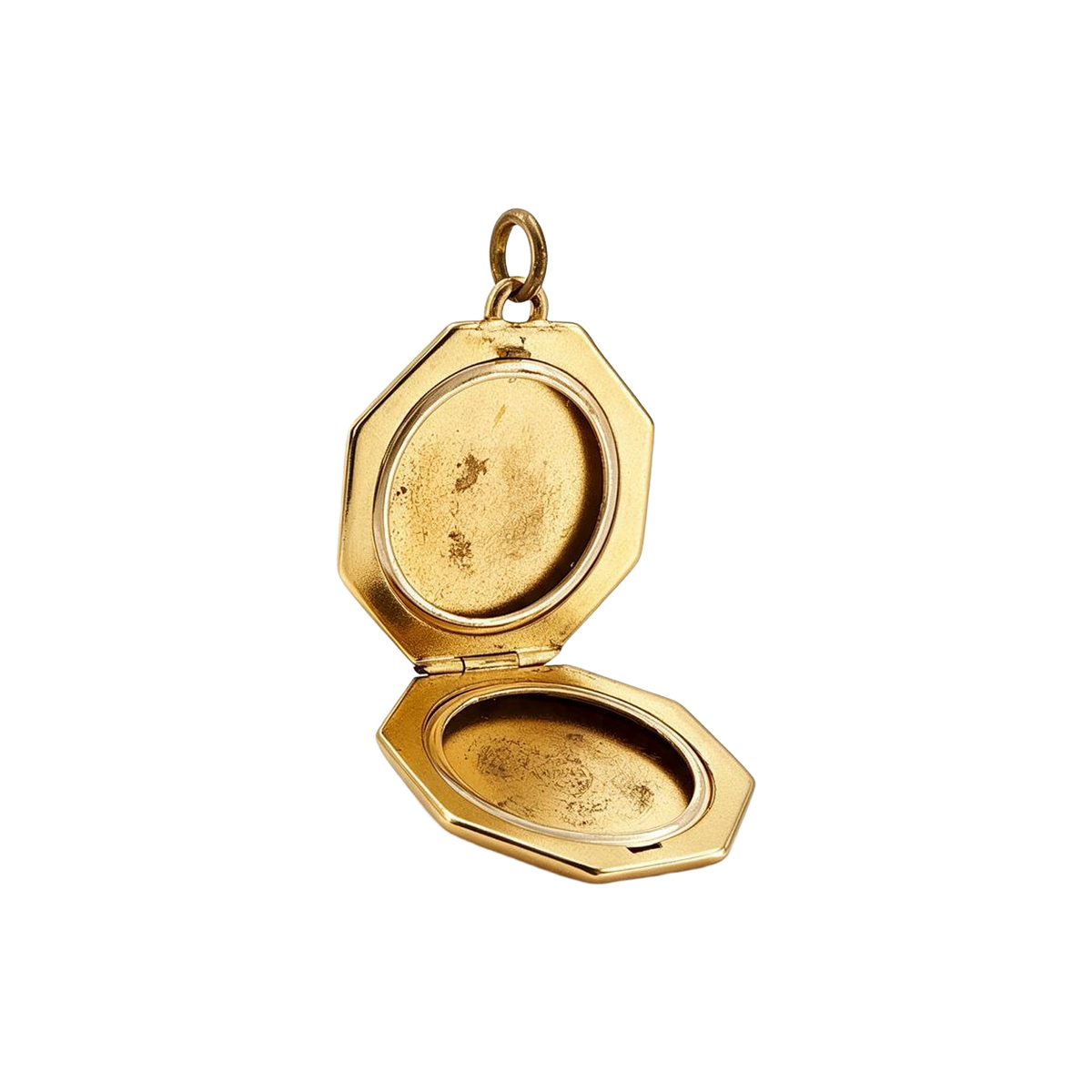 14k gold octagonal locket open to show two oval photo frames inside