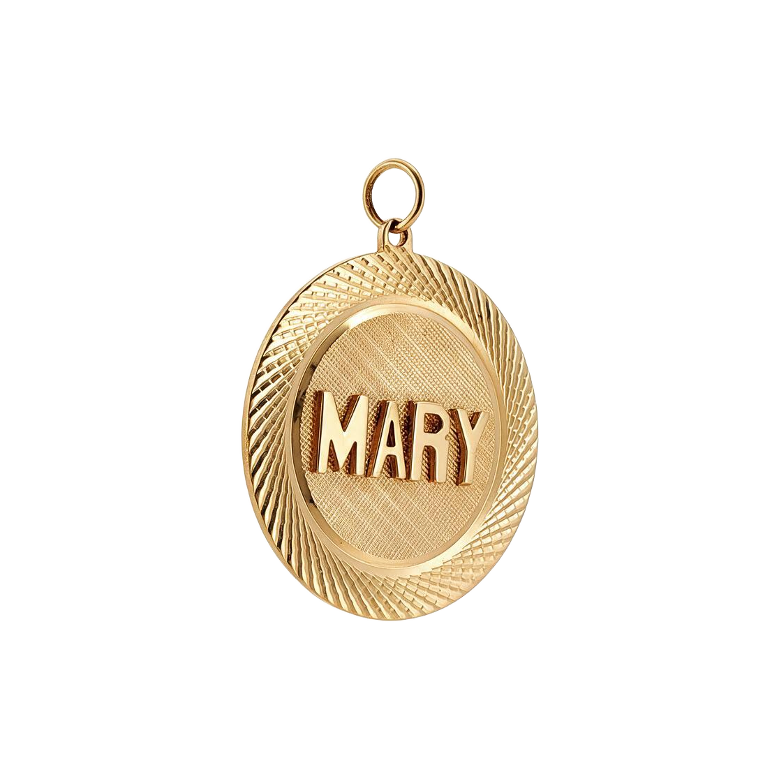 Angled view of 14k gold vintage Mary name charm showing raised letters and textured center